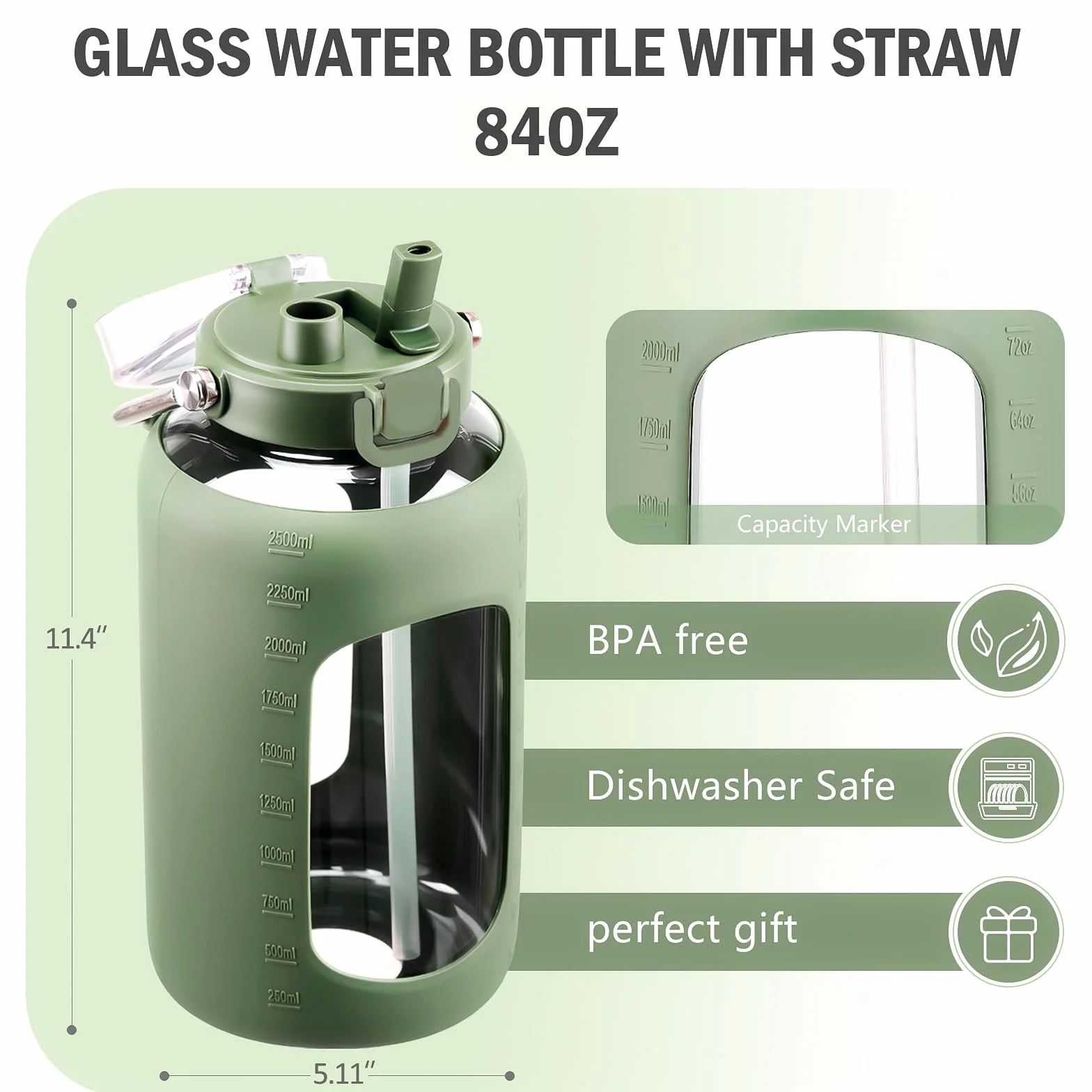 BLUEGO Szklana butelka na wodę 2500 ml z uchwytem ze stali nierdzewnej, z znacznikami czasu i silikonowym rękawem, bez BPA