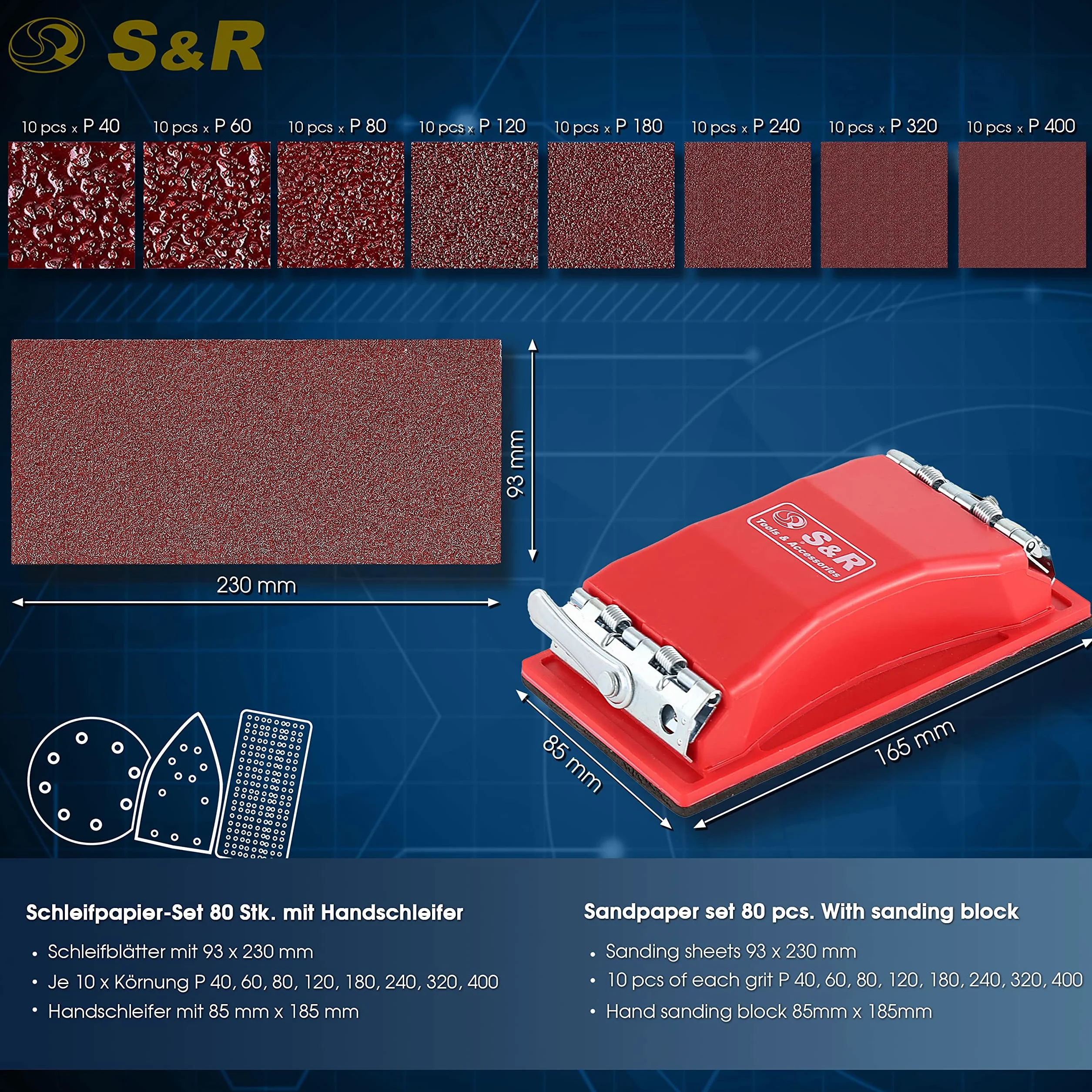 S&R zestaw papierów ściernych 165 x 85 mm, 80 szt. arkuszy 93 x 230 mm, ziarnistość P40-400, blok szlifierski