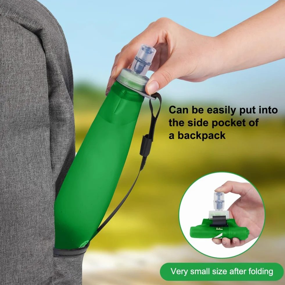 flintronic Miękka piersiówka, 250 ml, TPU, składana butelka na wodę, ręczna butelka na wodę z paskiem na nadgarstek i karabińczykami, nie zawiera BPA, do biegania, jazdy na rowerze, wędrówek, zielona