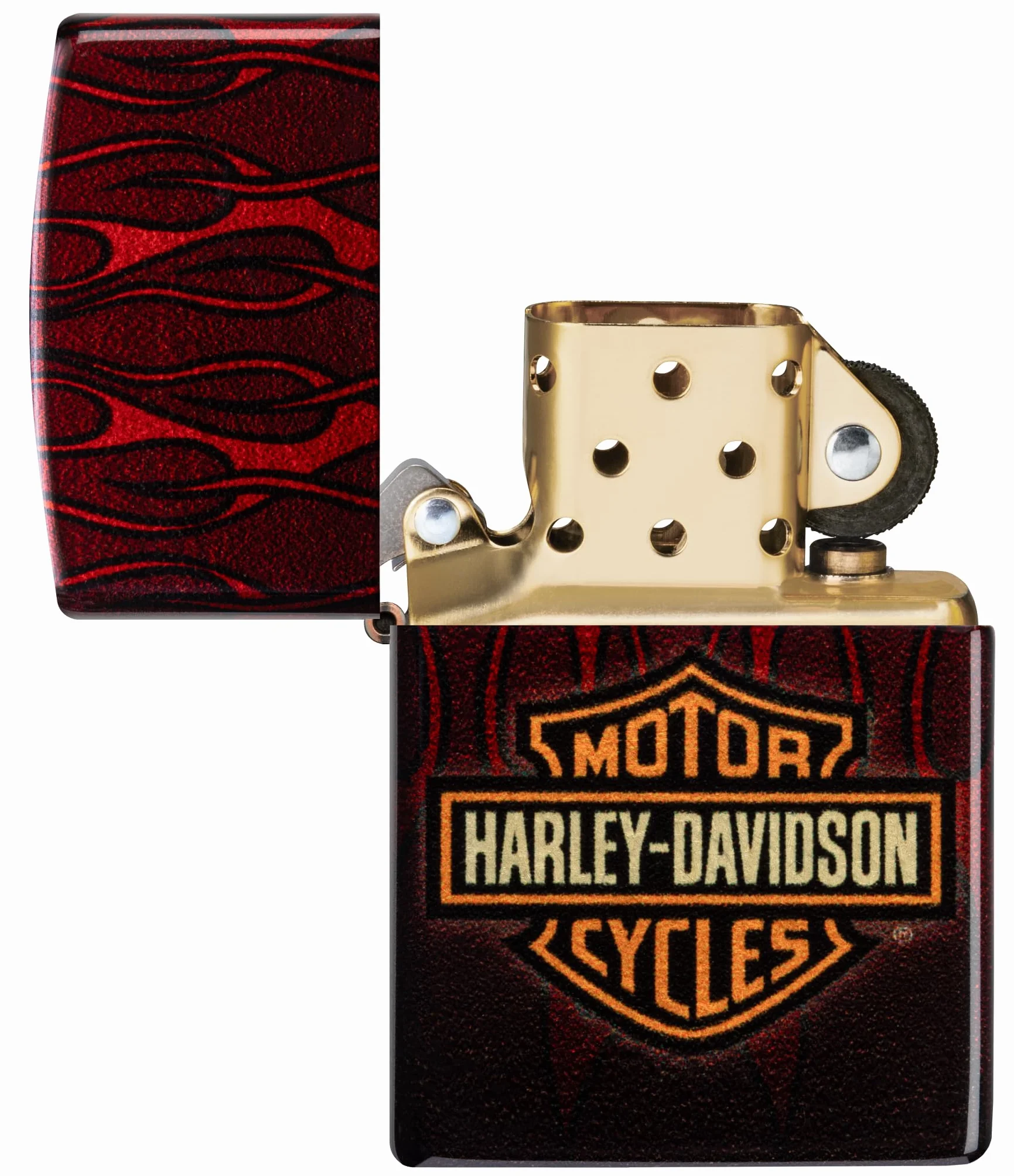 Zippo Harley-Davidson Flames Zapalniczka Sztormowa, do Napełniania, Wielokrotnego Użytku, Wiatroodporna Konstrukcja, Pudełko na Prezent, Wykonano w USA, Postarzany Mosiądz (540° Tumbled Brass)