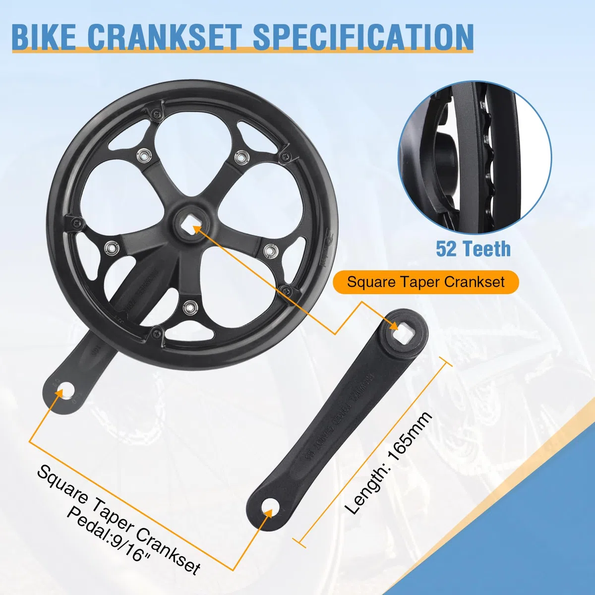 ZUKKA Zestaw korbowy 52T ze stopu aluminium, ramię 165 mm, do 6/7/8/9/10 biegów, rower górski, rower składany, E-Bike, Cruiser Bike, Square Taper