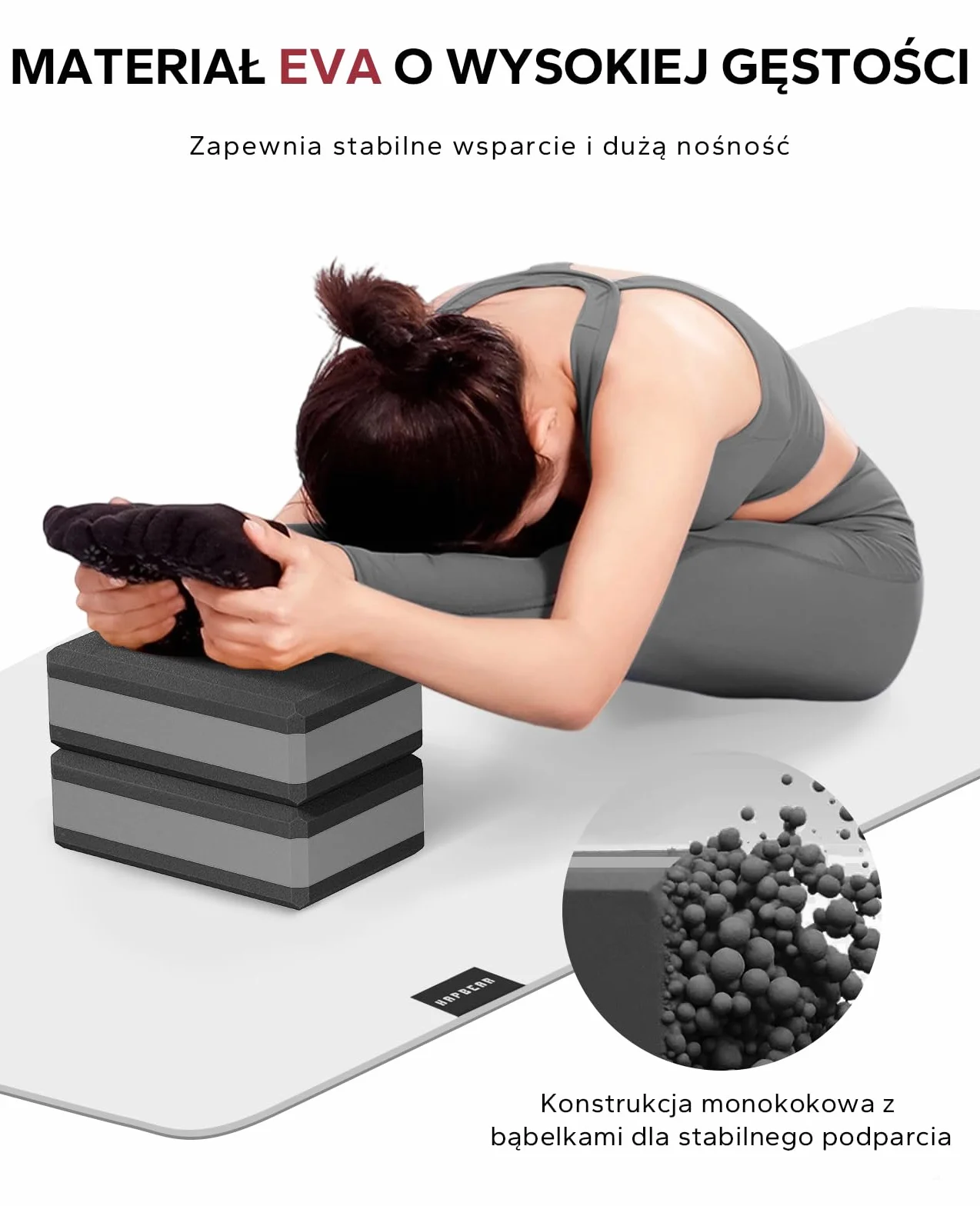 HAPBEAR 2 Klocki do Jogi – 23×15×7,5 cm EVA, Antypoślizgowe i Lekkie, Ergonomiczne, Stabilne do Pilates i Rozciągania – z Paskiem, Taśmami i Piłką do Masażu