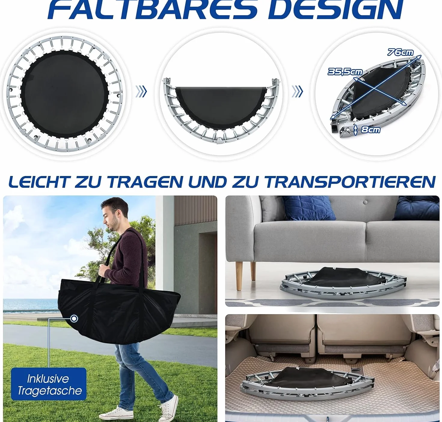FANTASK φ101 cm mini trampolina, obciążenie do 150 kg, składana, trampolina ogrodowa dla dorosłych i dzieci, z uchwytem o regulowanej wysokości