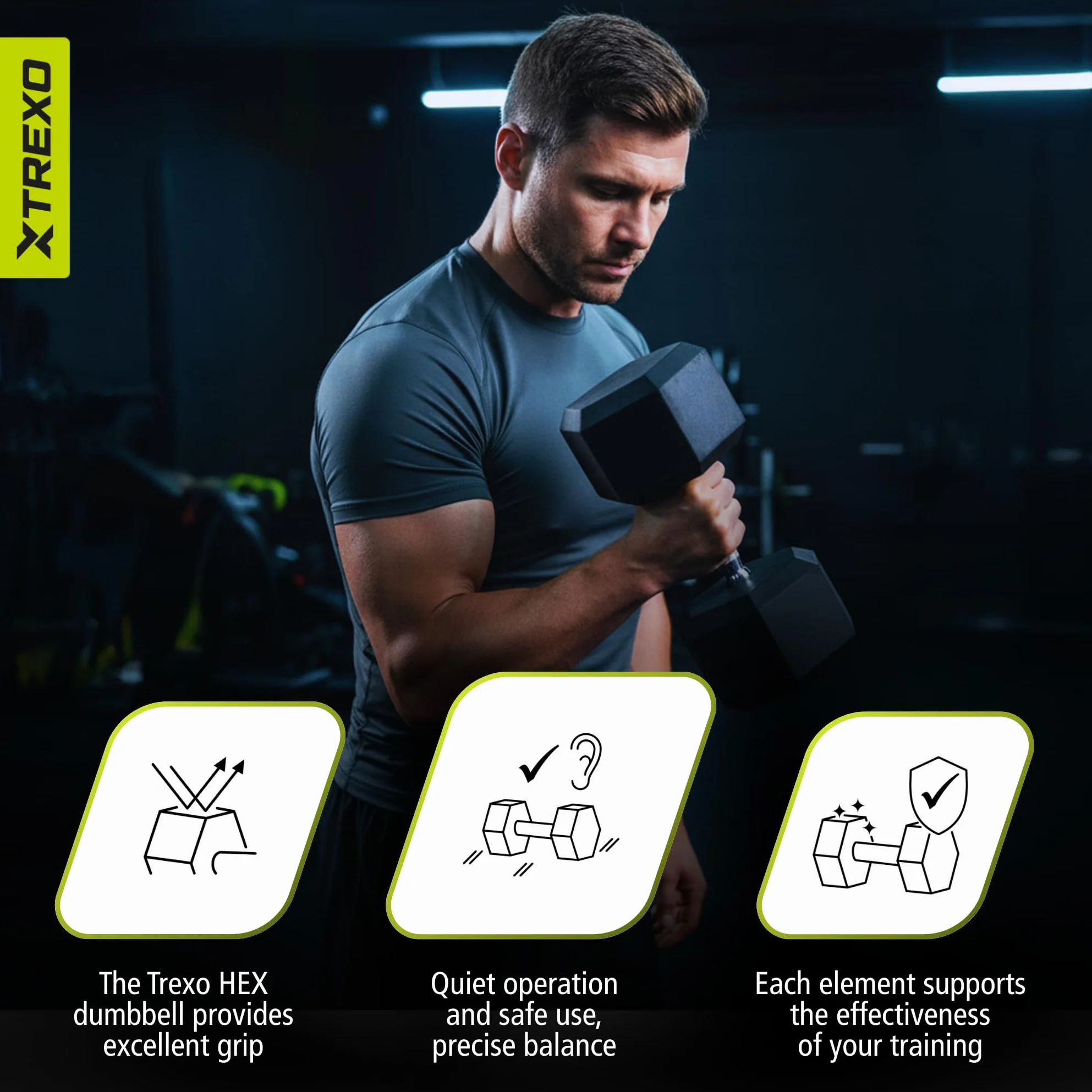 TREXO Hantle 2,5 kg – 35 kg, sześciokątne, wytrzymałe, gumowane żeliwo, do treningu siłowego w domu, z ergonomicznym uchwytem, stabilne i wszechstronne
