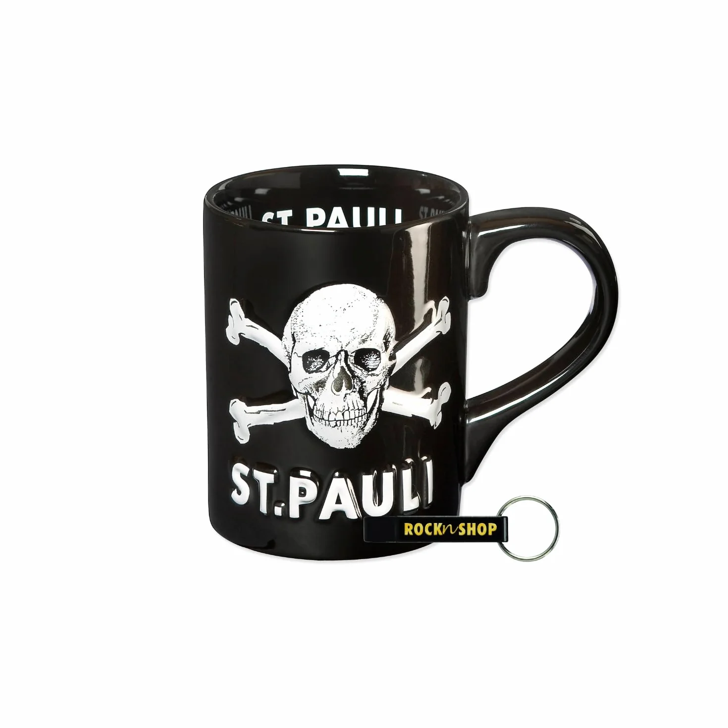 FC St. Pauli Filiżanka Totenkopf 3D ceramiczna do kawy 500ml FCSP Artykuł dla fanów + otwieracz do butelek Rocknshop (Czarny 3D, 500 ml)