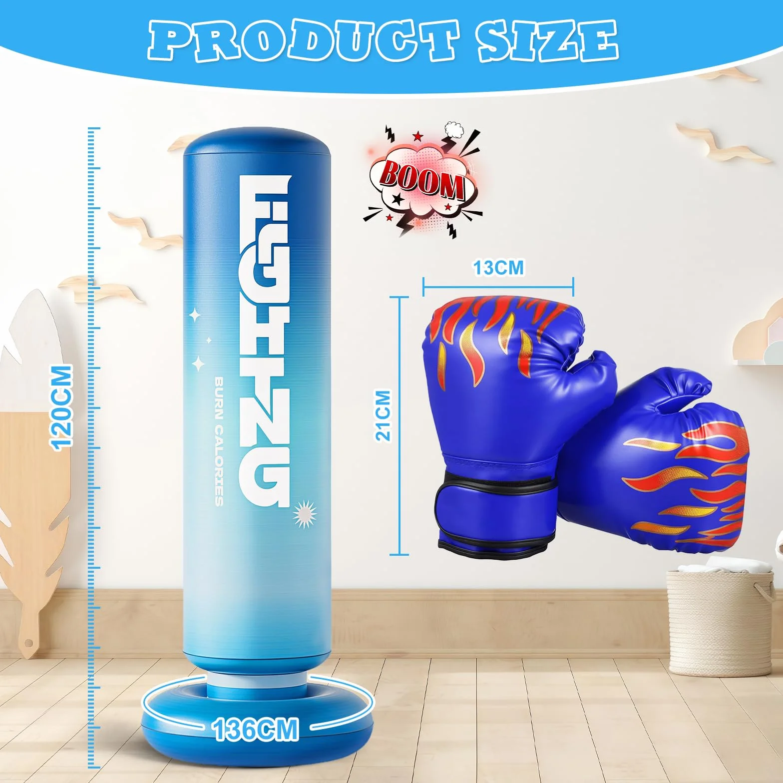 Flintronic Torba bokserska dla dzieci, nadmuchiwana piłka do dziurkowania dla dzieci, 120 cm/160 cm, stabilna torba bokserska, do domowej siłowni treningowej Taekwondo, idealny prezent dla chłopców i