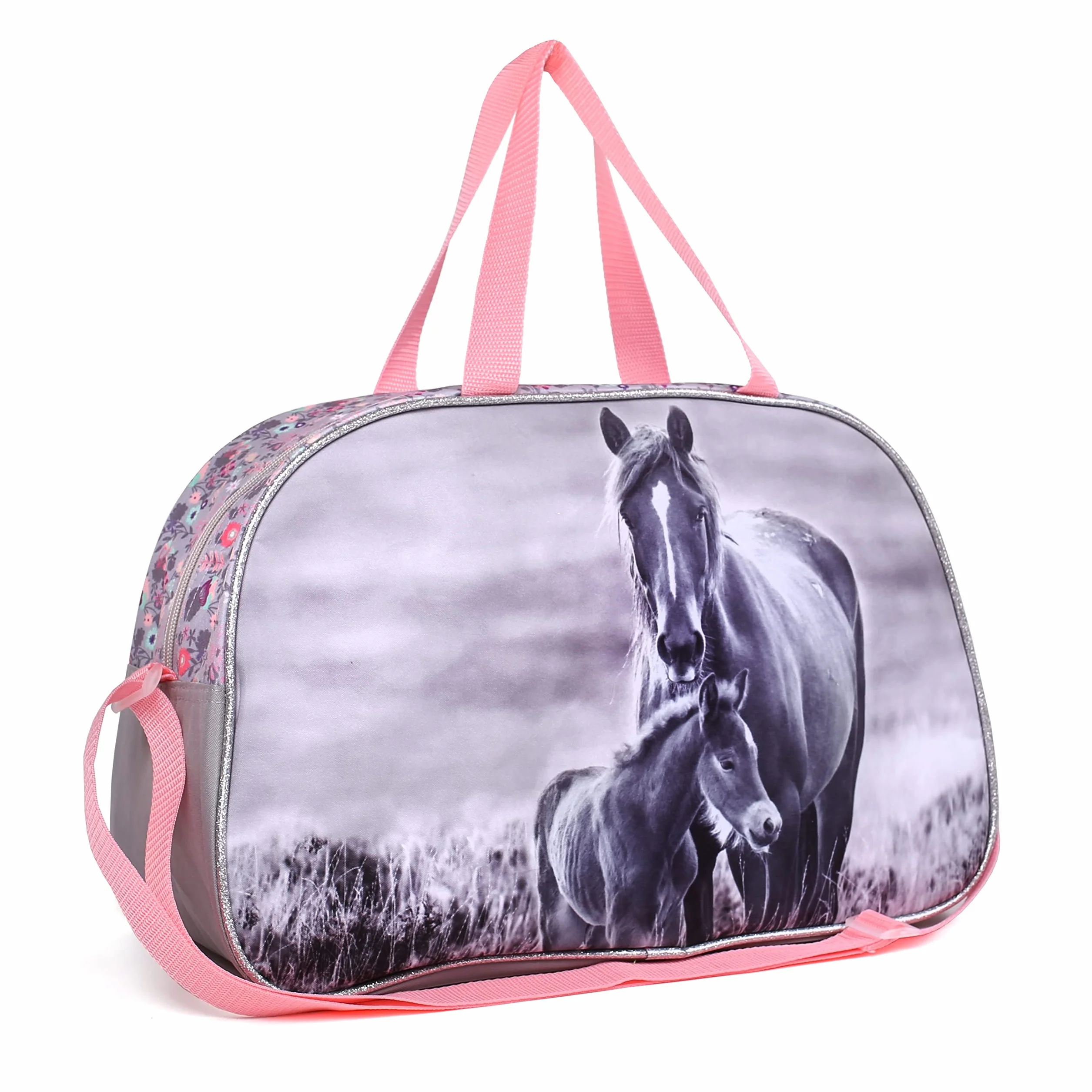 KO20 torba sportowa/podróżna, dla dziewcząt, konie, 40 x 25 x 13 cm, różowo-szara