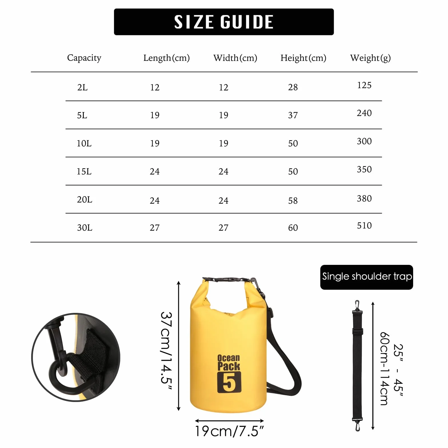 Worek wodoszczelny, z długim regulowanym paskiem na ramię, duża pojemność 2 l, 5 l, 10 l, 15 l, 20 l, 30 l, na kemping, rafting, pływanie, surfowanie, ŻÓŁTY, 5L, Organizer do torby