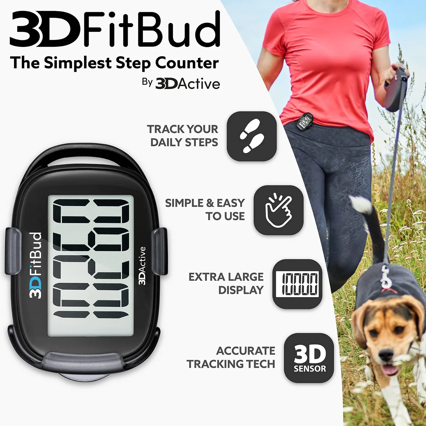 3DActive 3DFitBud Prosty krokomierz 3D klipsem i smycza, licznik kroków, duzy wyswietlacz, latwy uzyciu dzieci, doroslych i seniorów, do sledzenia aktywnosci fizycznej A420S - Czarny