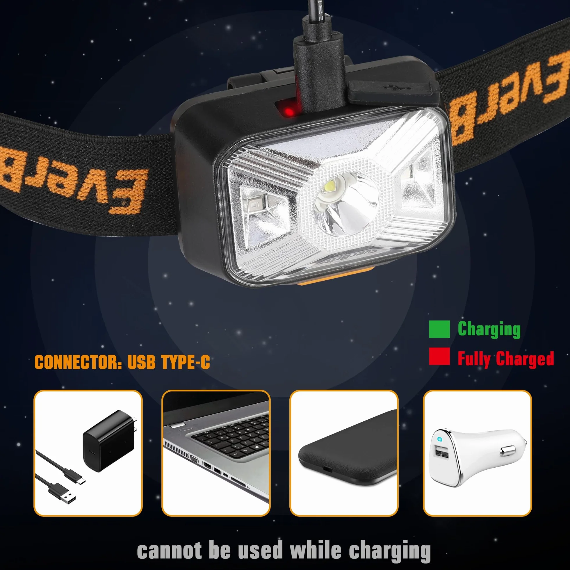 EverBrite Latarka czołowa LED, z możliwością ładowania przez USB, 4 tryby, 200 lumenów, regulowany kąt świecenia 180°, doskonała na kemping, bieganie, wędkowanie, jazdę na rowerze
