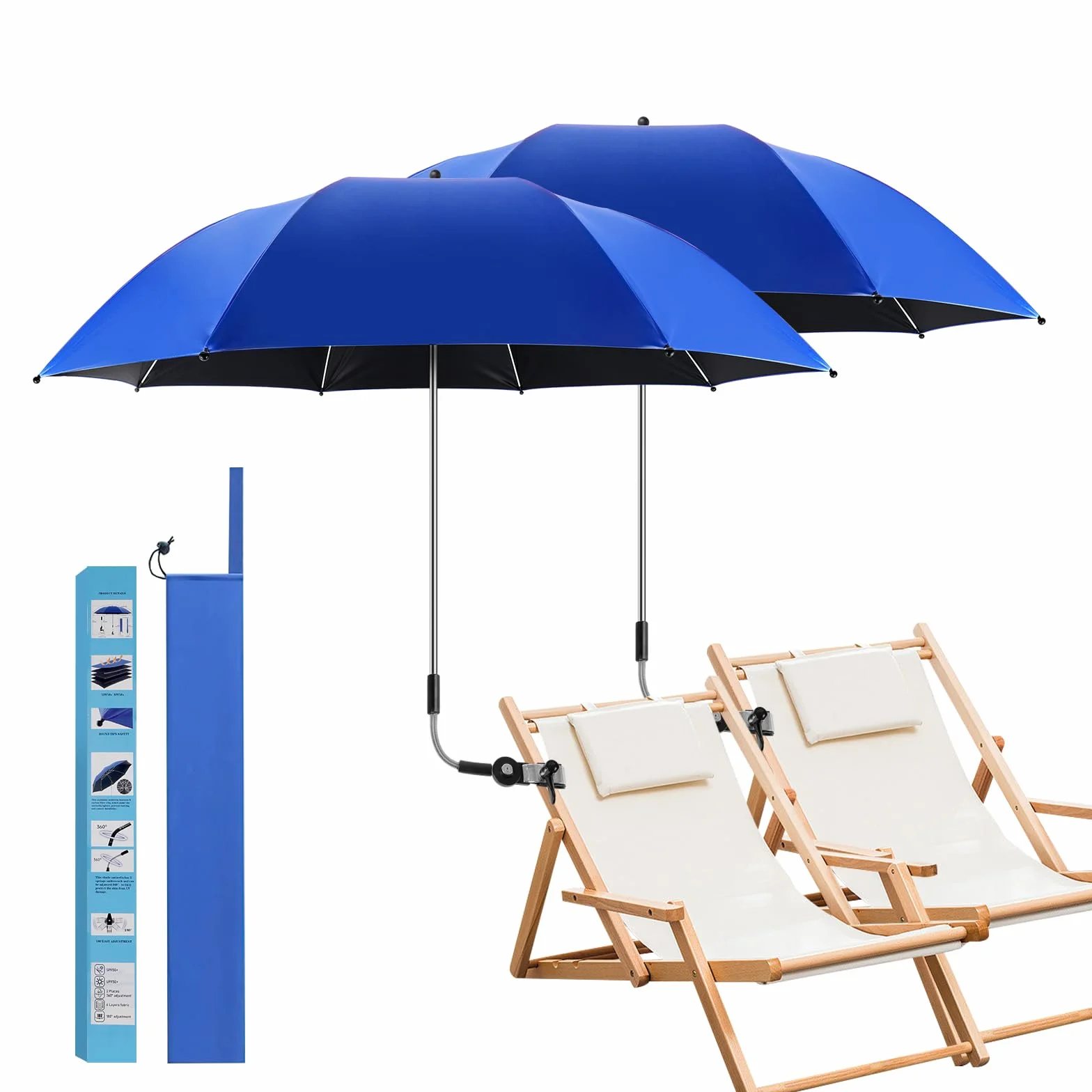panthem Parasol plażowy z uniwersalnym zaciskiem, UPF 50+ regulowany 360°, przenośny parasol kempingowy, wózek inwalidzki, krzesła tarasowe, wózki golfowe, balkon