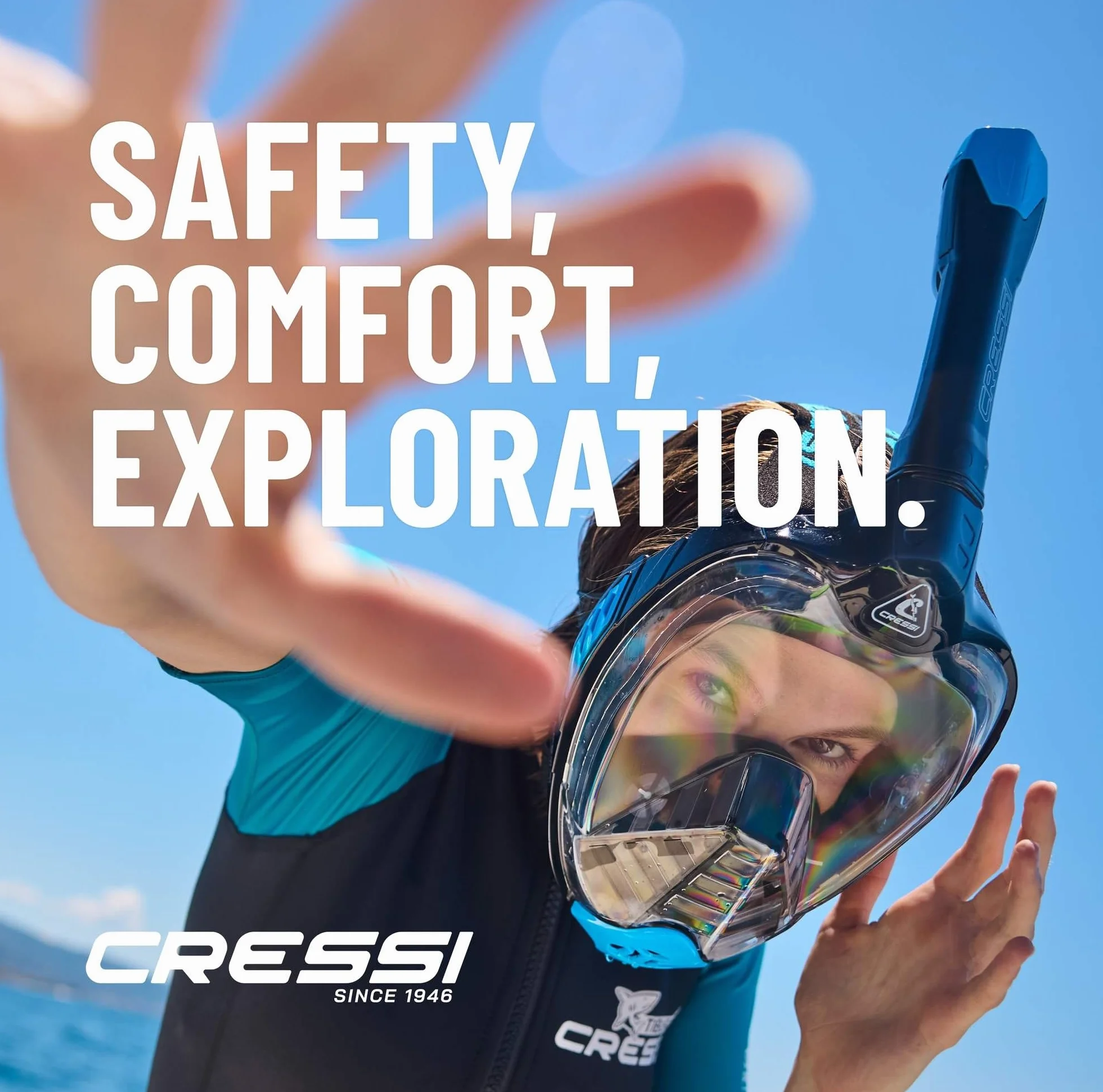 CRESSI Bali Full Face Mask - Maska pełnotwarzowa Bali oferuje duży obszar widzenia, pozwalając nurkującym docenić podwodny świat bez uczucia klaustrofobii