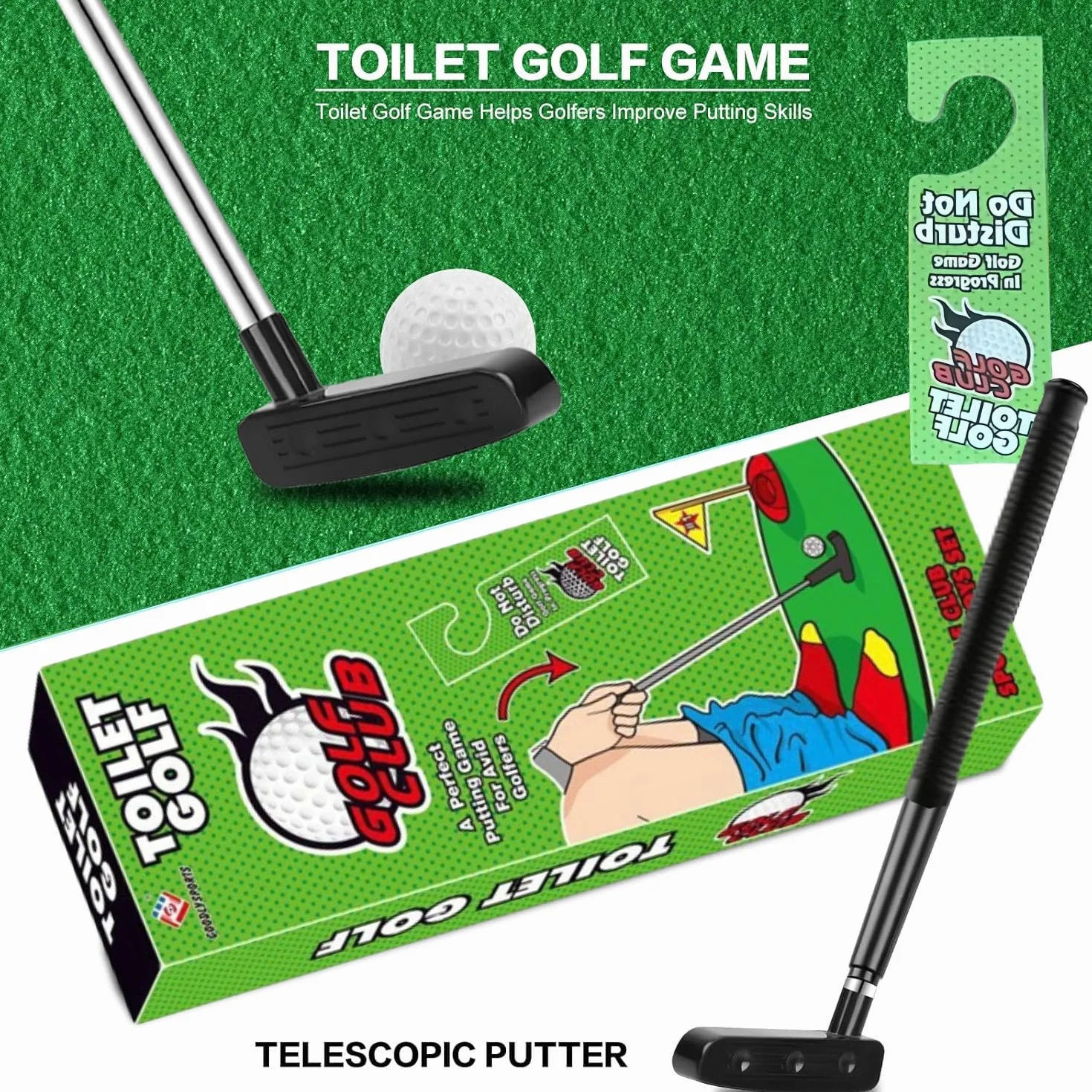 Kiuiom Zestaw do golfa toaletowego, gra w golfa z kijem i piłkami, gra toaletowa, mini golf, zabawny prezent dla mężczyzn z kijem golfowym 64 cm, matą, 2 piłkami golfowymi i hakiem do bramki