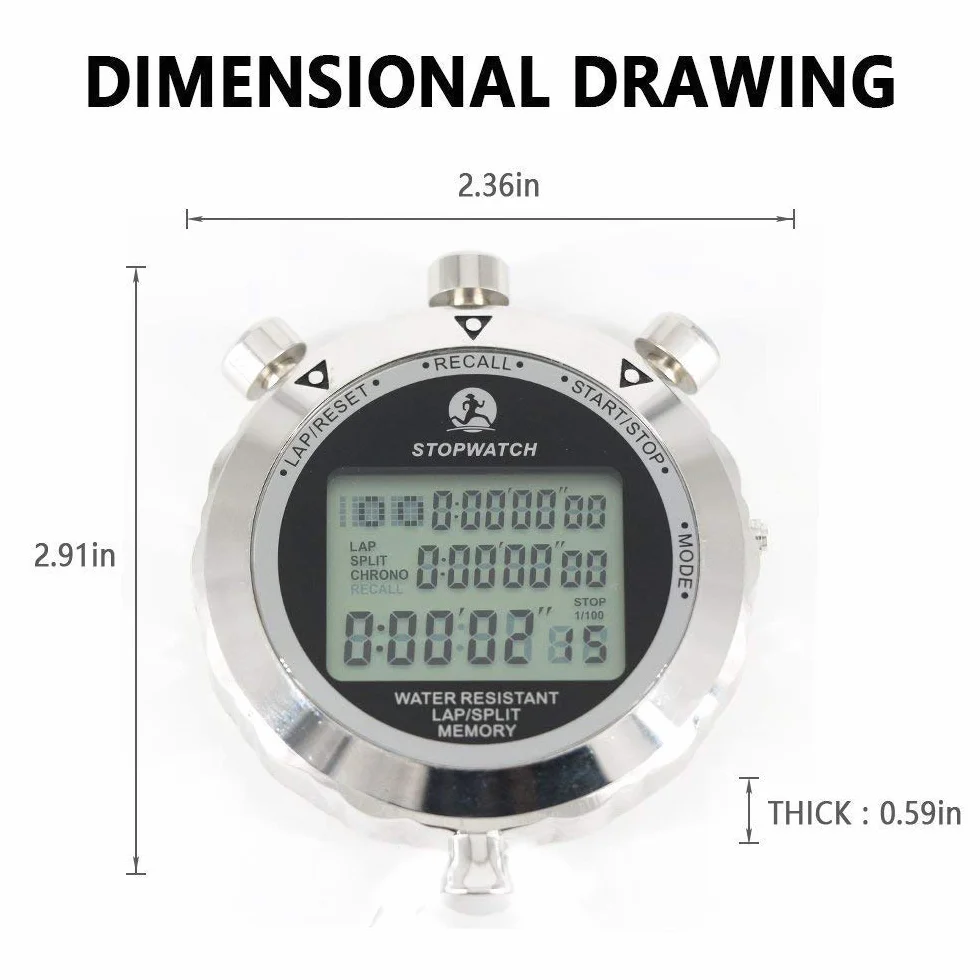LAOPAO Metalowy stoper, 1/100 sekundy, 100 pamięci, wodoodporny elektroniczny chronograf na co dzień, do piłki nożnej, baseballu, sportów na świeżym powietrzu