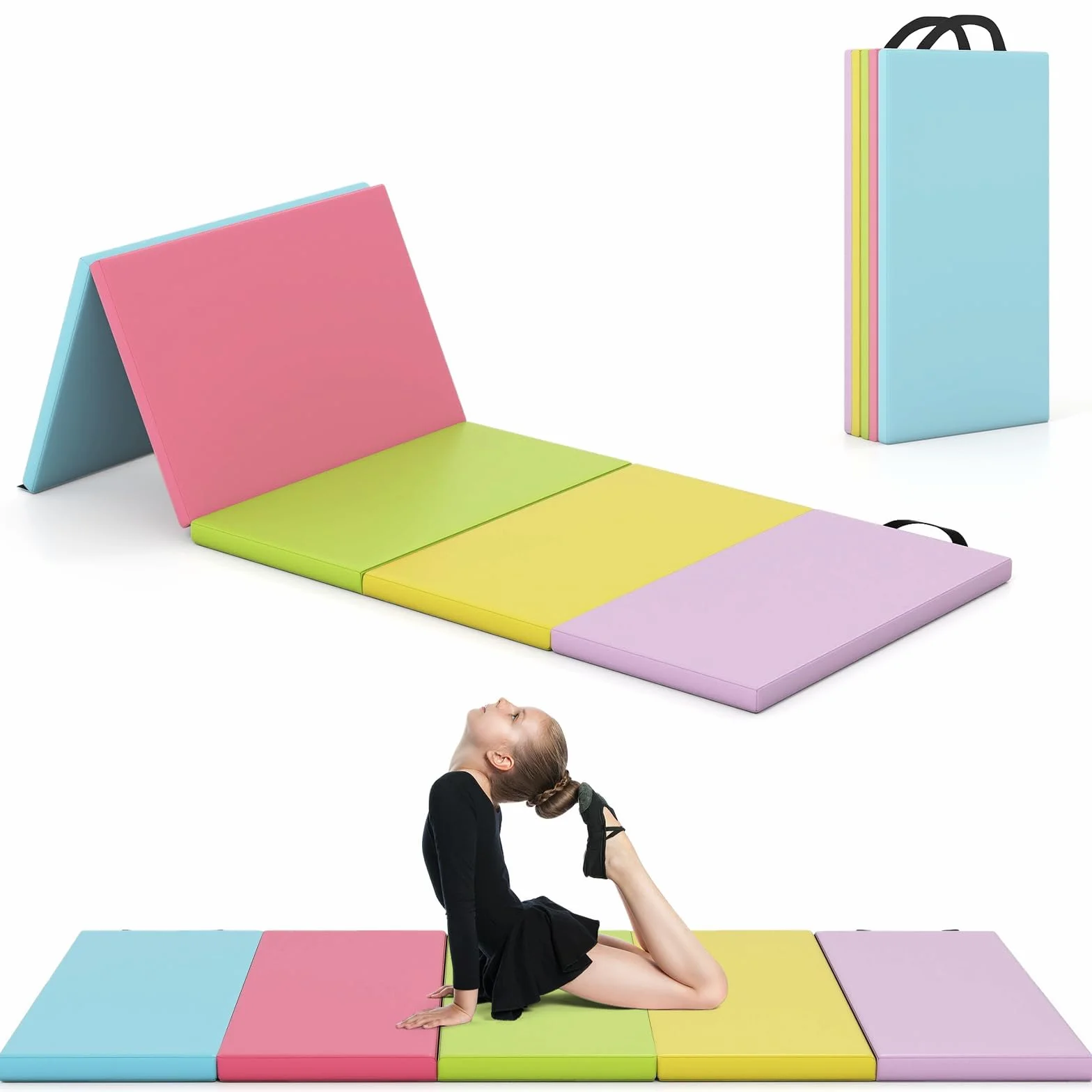 COSTWAY Składana mata gimnastyczna, 200 x 75 cm, miękka mata podłogowa, mata gimnastyczna, 5-krotnie składana, z uchwytem do noszenia i zapięciem na rzepy, mata sportowa, do fitnessu, do domu, dla
