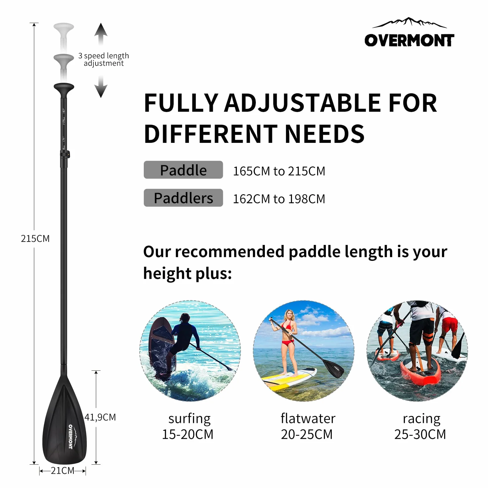 Overmont Wiosło SUP 3-częściowe regulowane ze stopu aluminium