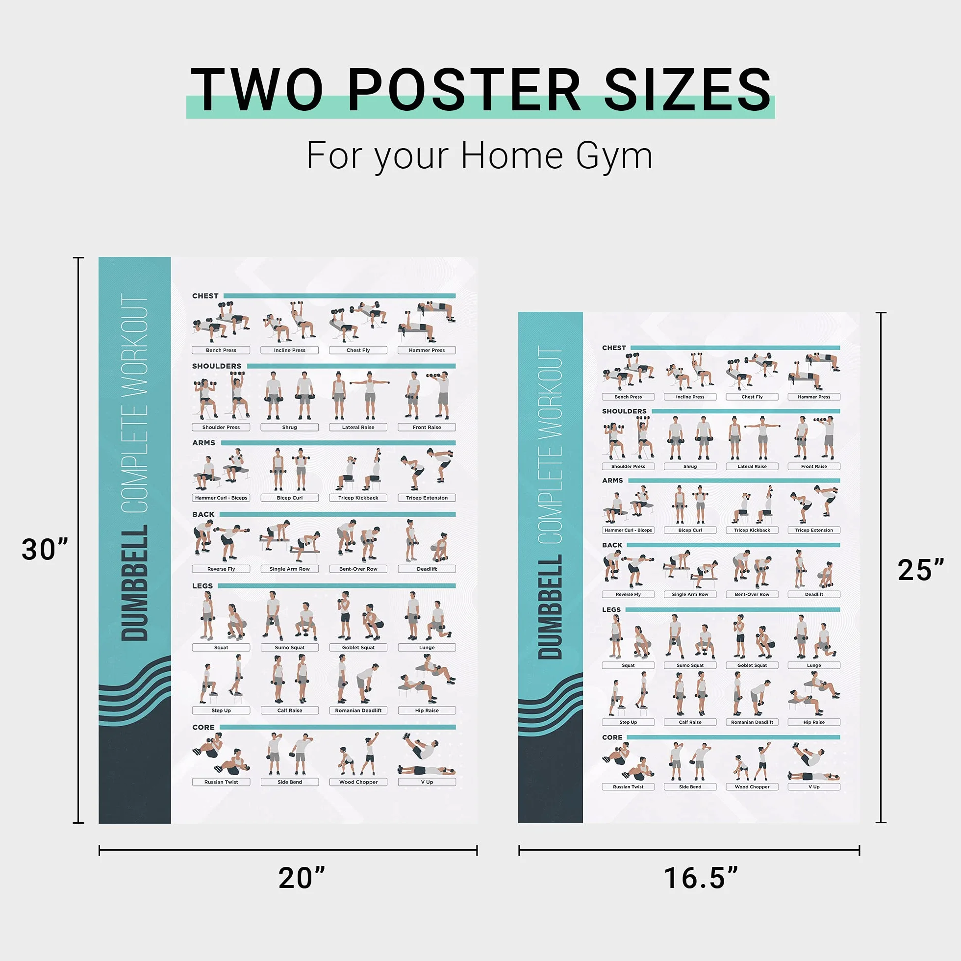 FitMate plakat do ćwiczeń z hantlami i sztangą, 2-pak, rutyna treningu z wolnymi ciężarami, dekoracja domowej siłowni, przewodnik po pokoju