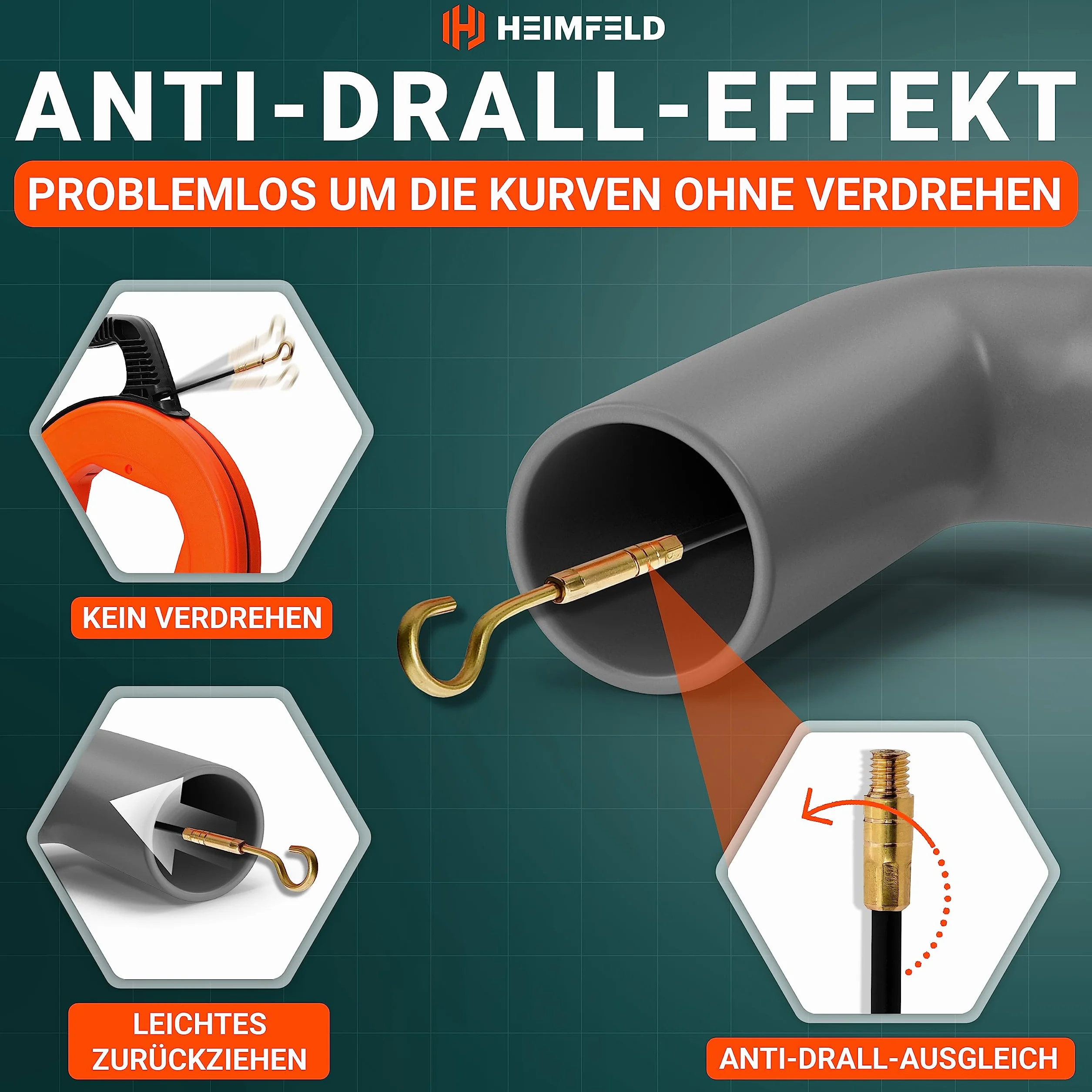 Spirala do wciągania kabli 30 m z 6 adapterami – drut naciągowy 4 mm do rur pustych