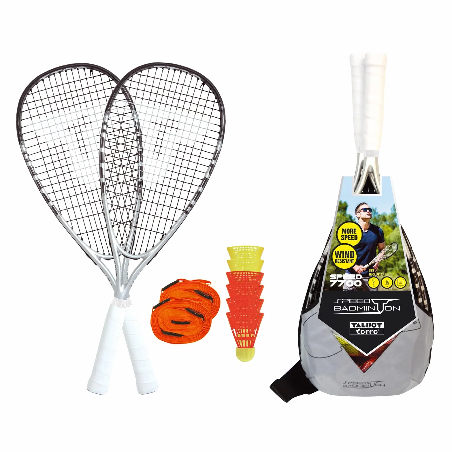 Talbot-Torro Speed-Badminton zestaw premium Speed 7700, 2 mocne grafitowe rackety, 6 odpornych na wiatr lotek, system linii do oznaczania pola gry, w modnym plecaku, 490117
