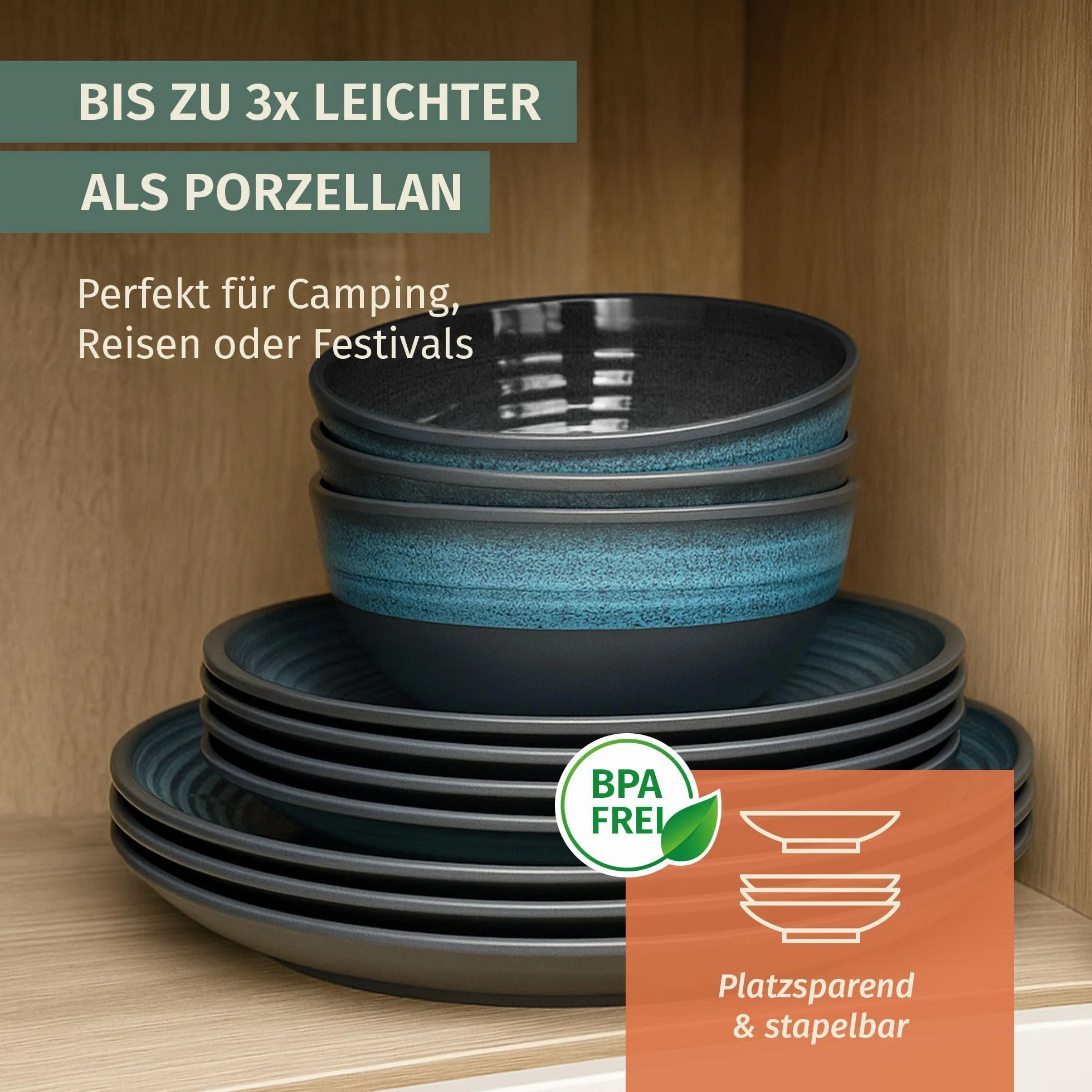 Zestaw naczyń kempingowych dla 1 osoby 3-częściowy | melaminowy | piknikowy zestaw naczyń | naczynia kempingowe Stone Blue Design