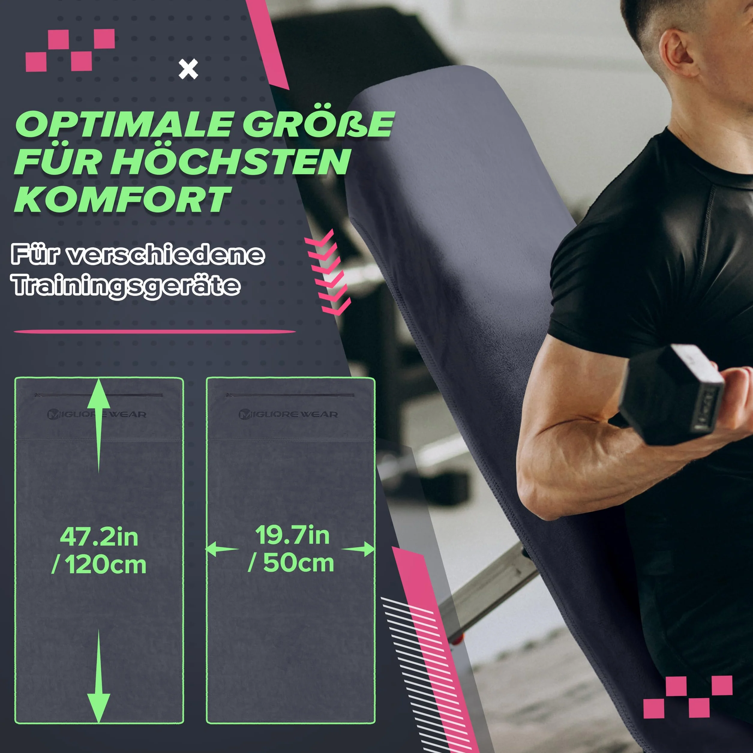 Ręcznik fitness | 120 x 50 cm, sportowy ręcznik z zamkiem błyskawicznym | antypoślizgowy, szybkoschnący, sportowy ręcznik na siłownię, trening siłowniowy