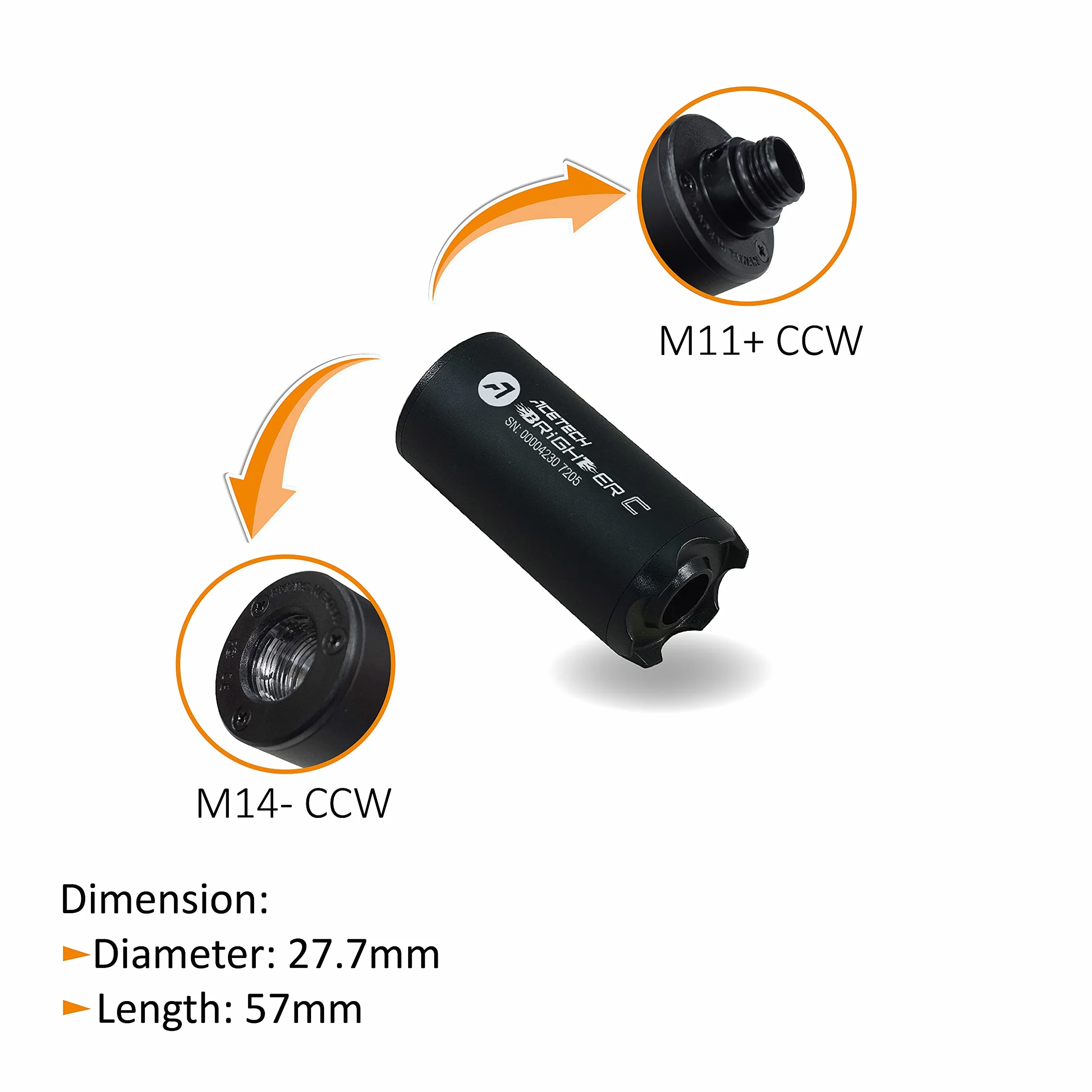 ACETECH Airsoft Tracer Unit Brighter C Tlumič expozice kuličky 11mm závitem pravý (CW) závit a 14mm levý (CCW) adaptér
