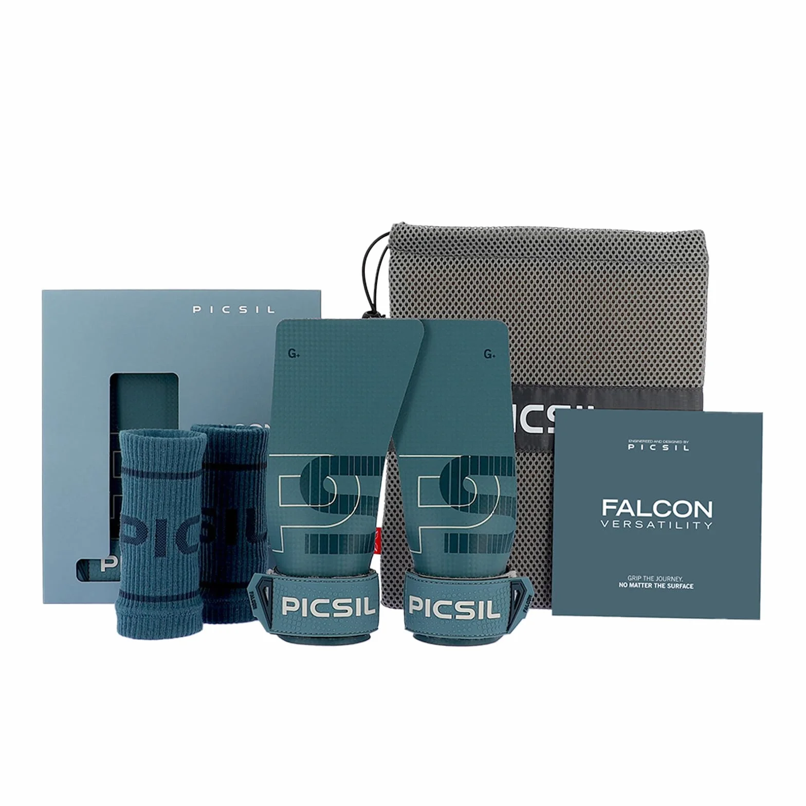 Rękawice PICSIL Falcon + opaski na nadgarstki + torba, materiał z włókna węglowego, do użytku z magnezem | Zestaw chwytów, opasek na nadgarstki i etui. Stabilny chwyt na drążku do gimnastyki i treningu siłowego w siłowni.