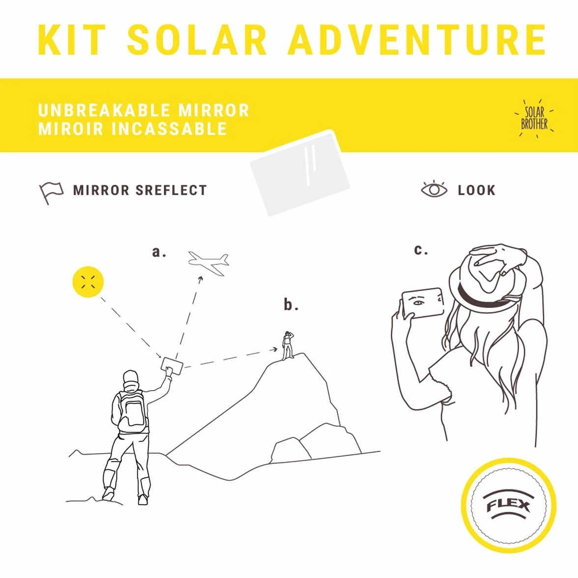 SOLAR BROTHER — Adventure Kit — Ogień i pirogrator słoneczny — kod Morse'a — Zapalniczka FIRECARD + Lustro SREFLECT + Żółta torba ochronna