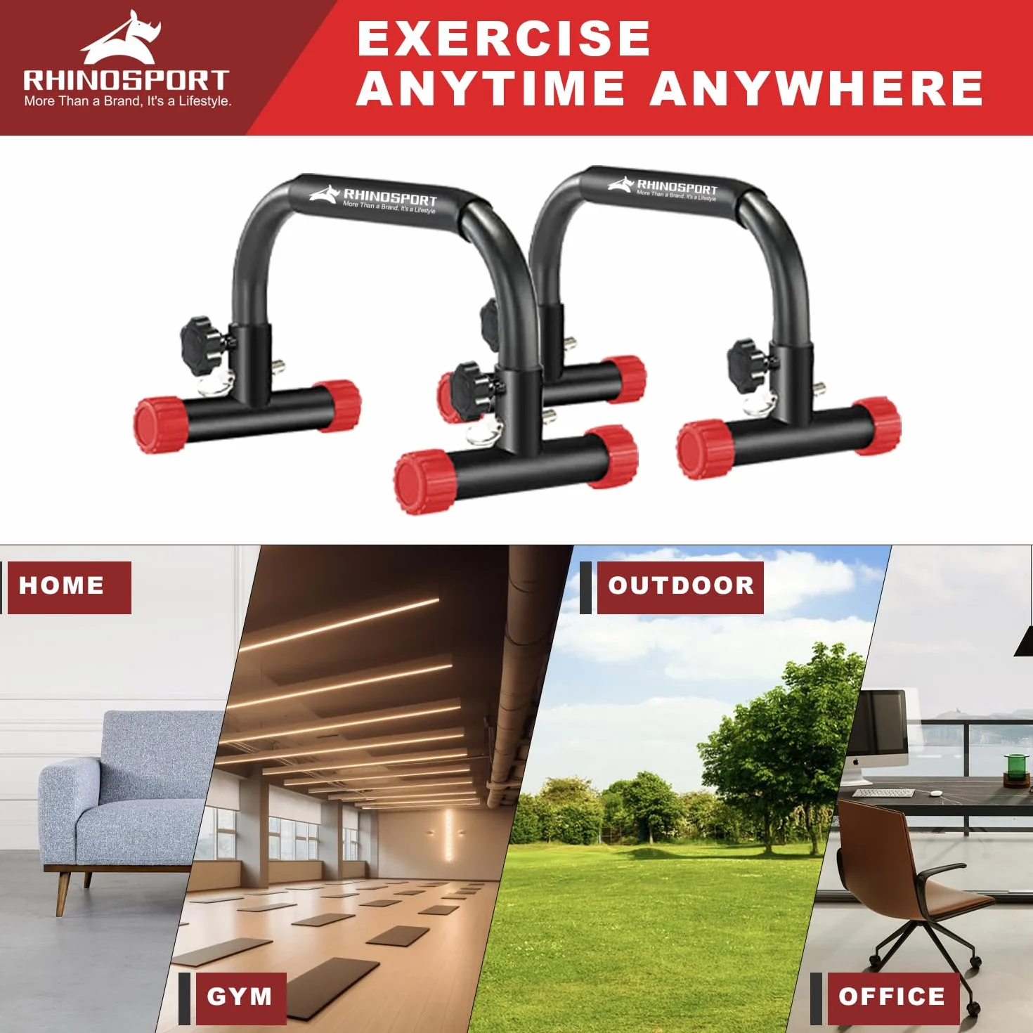 RHINOSPORT Drążki Parallettes do calisthenics pompki i pompki 25.9 cm wysokość 300 kg/661 funtów pojemność wagowa trening siłowy domowe treningi calisthenics sprzęt [50x25.9x25.9 cm] czerwony