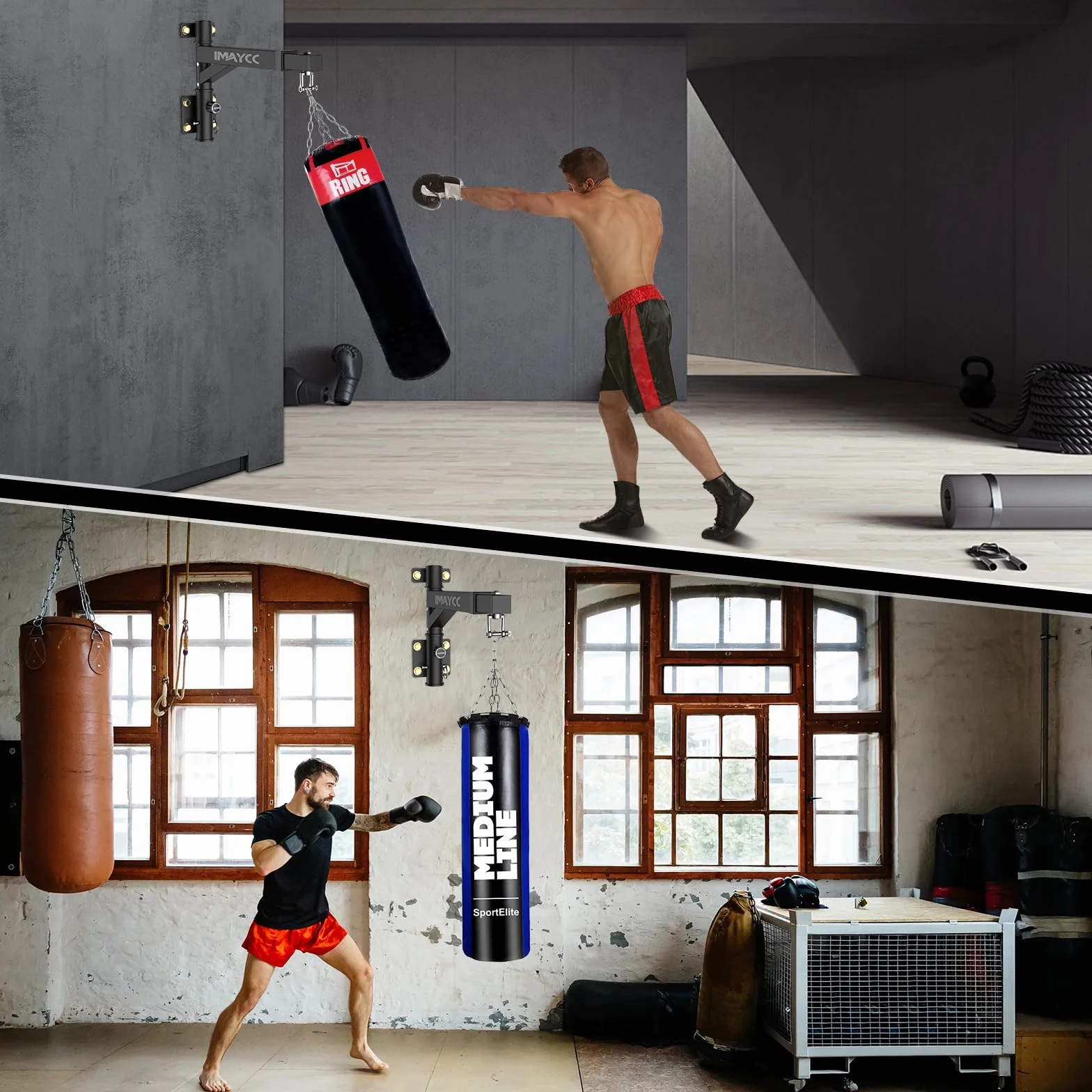 IMAYCC Nowy ciężki uchwyt na worek bokserski, uchwyt ścienny, dwukierunkowy regulowany stojak do worka bokserskiego, stojak do domu lub na siłownię, do worka bokserskiego, Muay Thai Bag, itp.