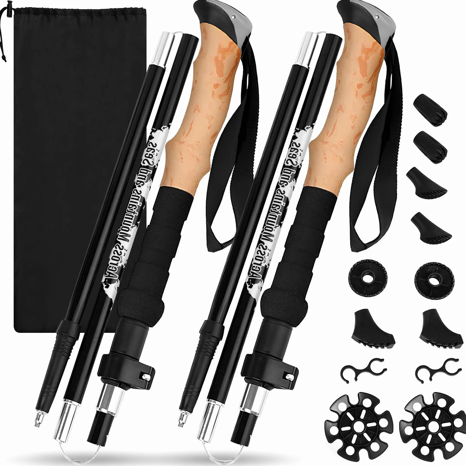 2 PCS Kijki Trekkingowe Teleskopowe 105-135cm Mężczyźni Kobiety, Ultralekkie Aluminium 7075, Kijki do Nordic Walking z Korkowym Uchwytem, Składane z Pokrowcem i Akcesoriami na Narty i Góry