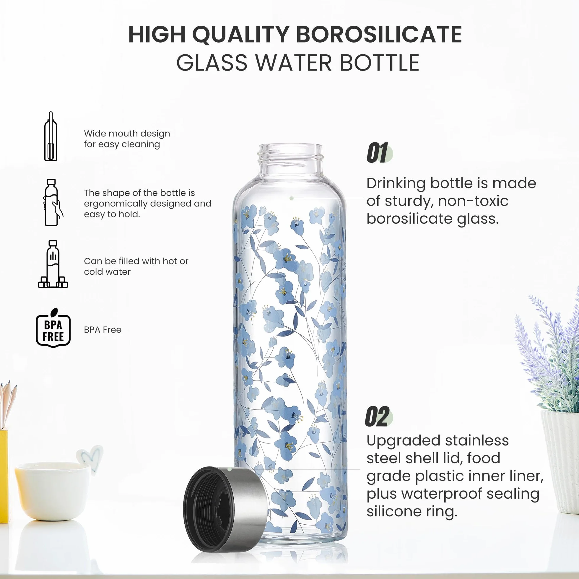 Szklana butelka na wodę 1000 ml borokrzemowa z pokrywką szczelna z rękawem ochronnym