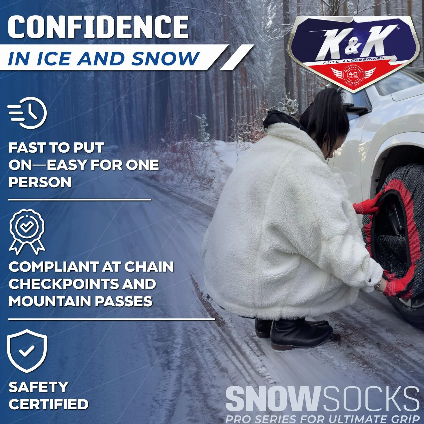 K&K Auto Accessories Snow Socks for Tires - Pro Series for Ultimate Grip Alternative for Tire Snow Chain - Snow Traction Device for Passenger Cars SUVs Trucks Winter Emergency Accessory (Medium)