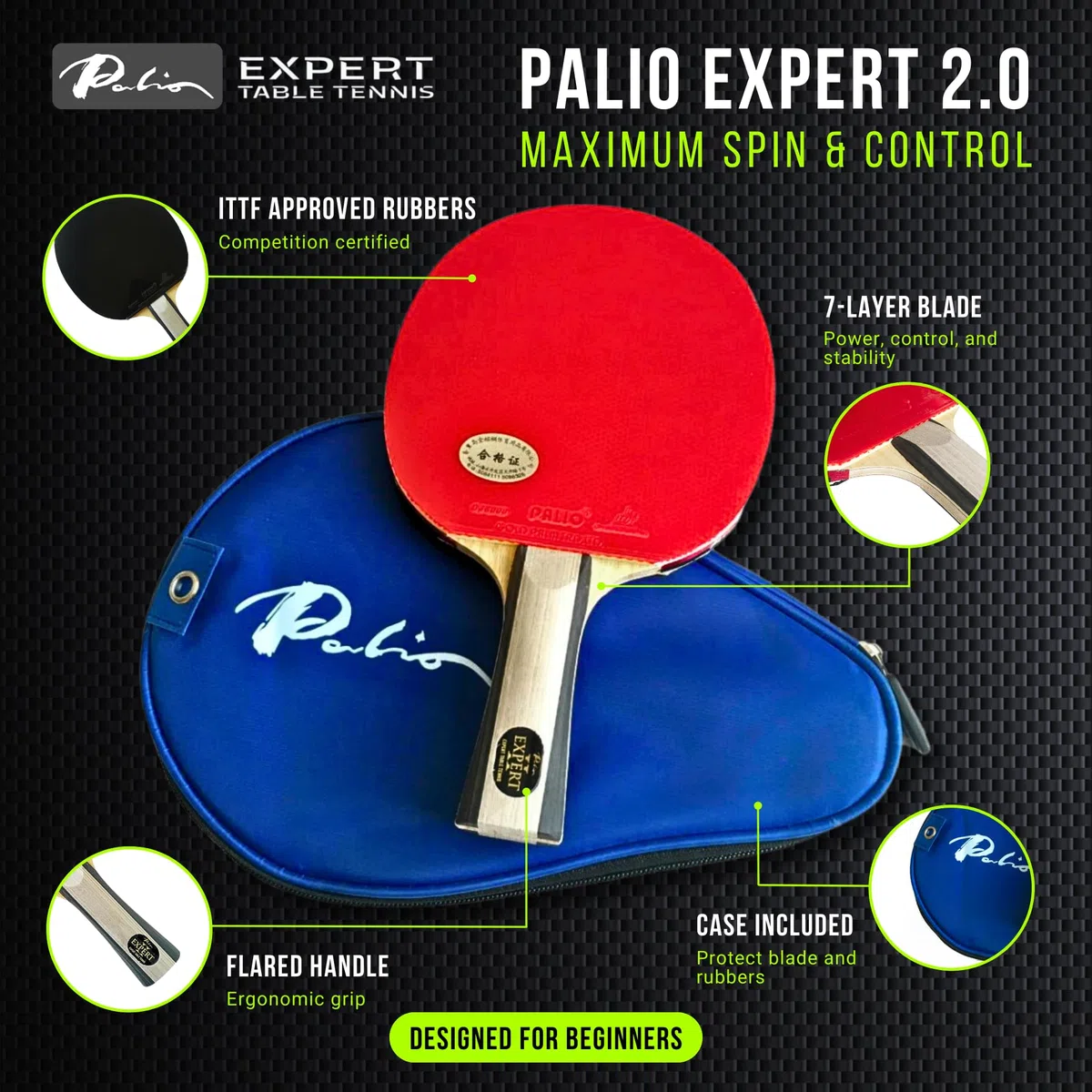 Palio Expert 2.0 kij do tenisa stołowego i etui | Zatwierdzone przez ITTF wysokowydajne rakiety do pingponga dla początkujących | Maksymalny obrót i kontrola