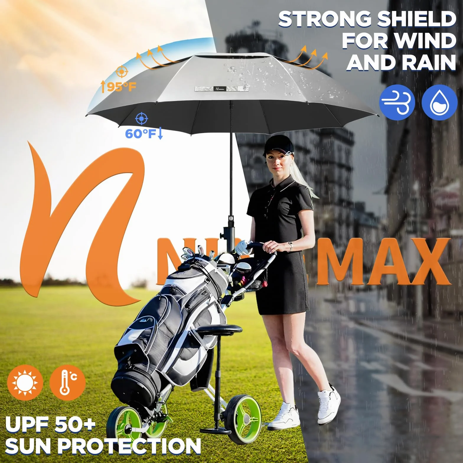 NINEMAX Duży parasol golfowy UV 130/54/162/168 cm, ochrona przed promieniowaniem UV, automatyczne otwierane parasole golfowe, wiatroszczelny, mocny, podwójny baldachim dla kobiet mężczyzn
