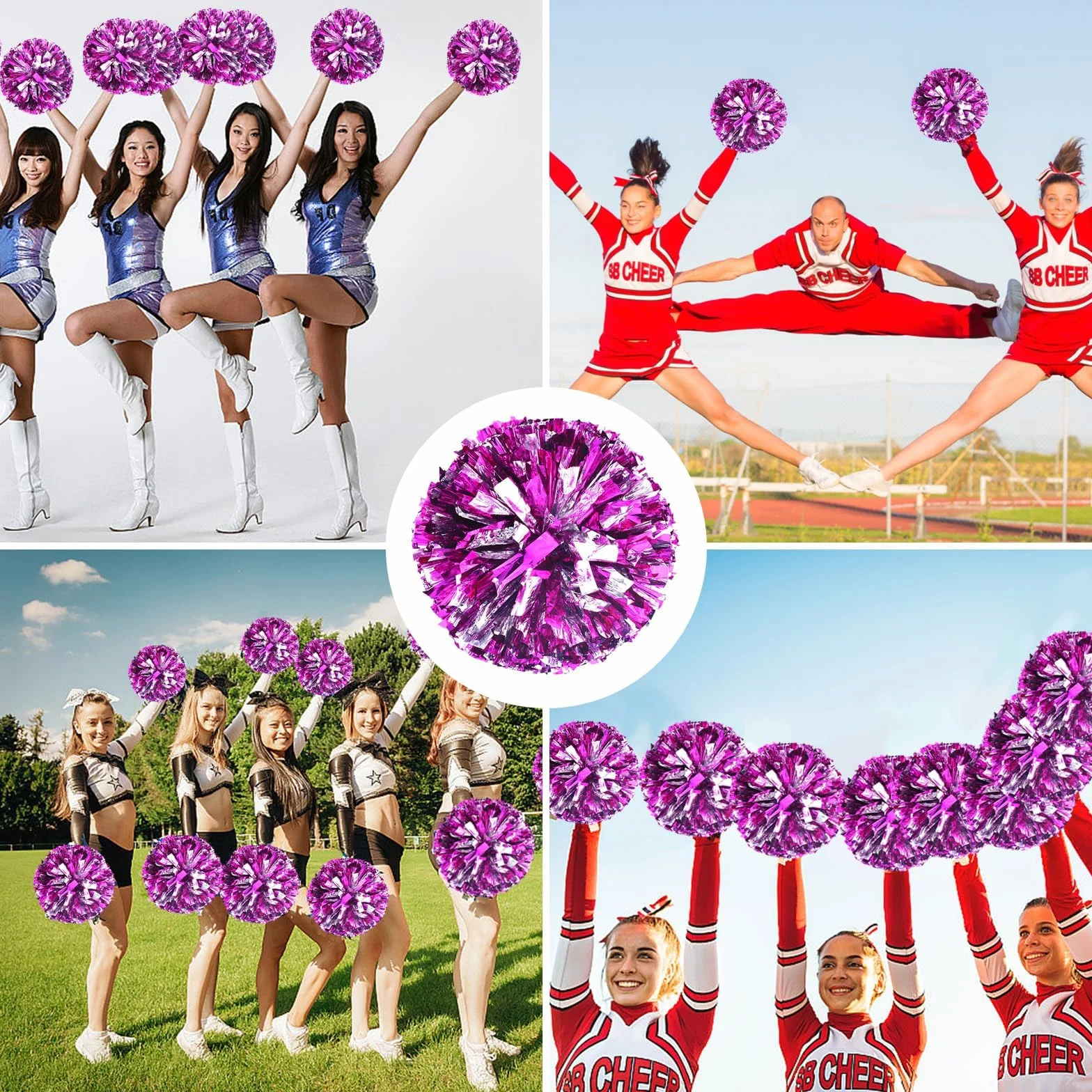 JRYGAC 2 pompony cheerleaderek, pompony cheerleaderek, metaliczne pompony cheerleaderek, pompony do cheerleaderek, akcesoria do cheerleaderek, pompony do cheerleaderek (różowo-czerwone, srebrne)