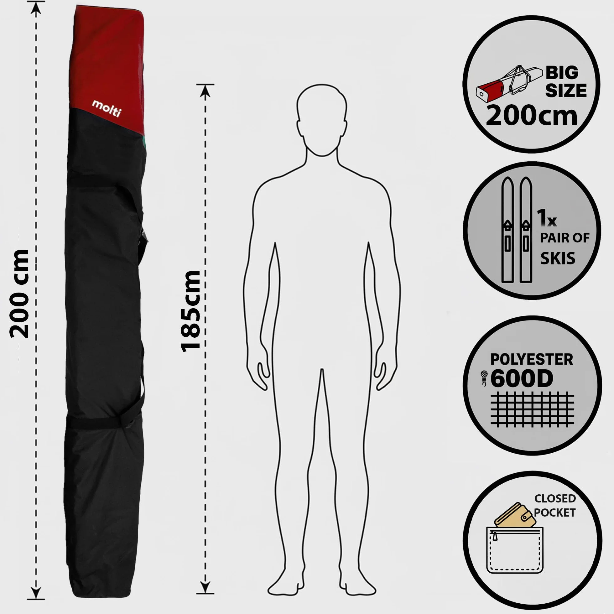 molti Torba na narty do 195 cm wodoszczelna poliester 600D, pokrowiec na 1 parę nart, materiał odporny na rozdarcie, kieszeń wewnętrzna, wentylacja, pasek na ramię i uchwyty do noszenia
