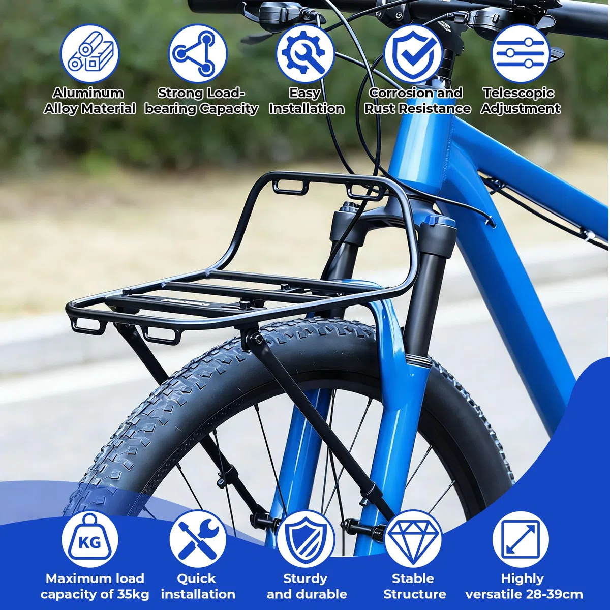 Bagażnik rowerowy z przodu, regulowany, do rowerów górskich o średnicy 22-29", stop aluminium, pojemność 10 kg, 2 metody montażu do rowerów MTB, z siatką i liną