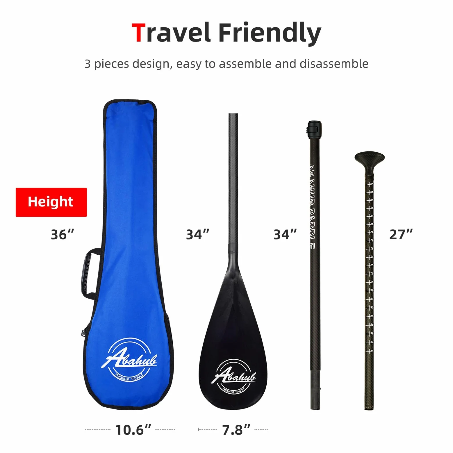 Abahub Carbon Paddle z Paddlebag Sup Paddle Wysuwane 170-218 cm do deski surfingowej Sup Carbon Shaft, Blady plastik w nadruku fali Czarny/Szary/Niebieski/Pomarańczowy/Czerwony/Żółty