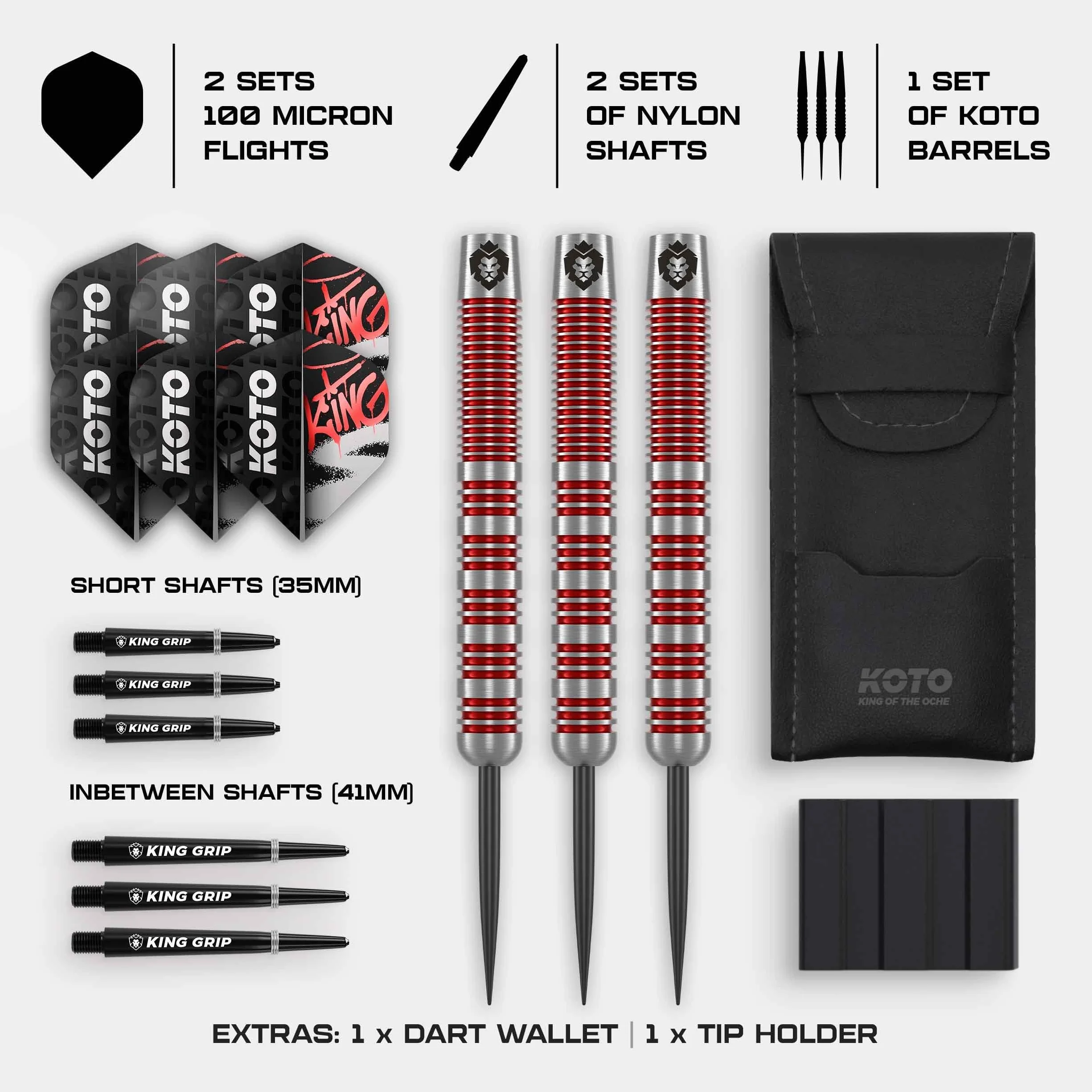 KOTO – Tribute Darts, srebrne i czerwone, zestaw rzutek z 3 beczkami, piórami + trzonkami i portfelem do darta o stałym uchwycie pierścieniowym