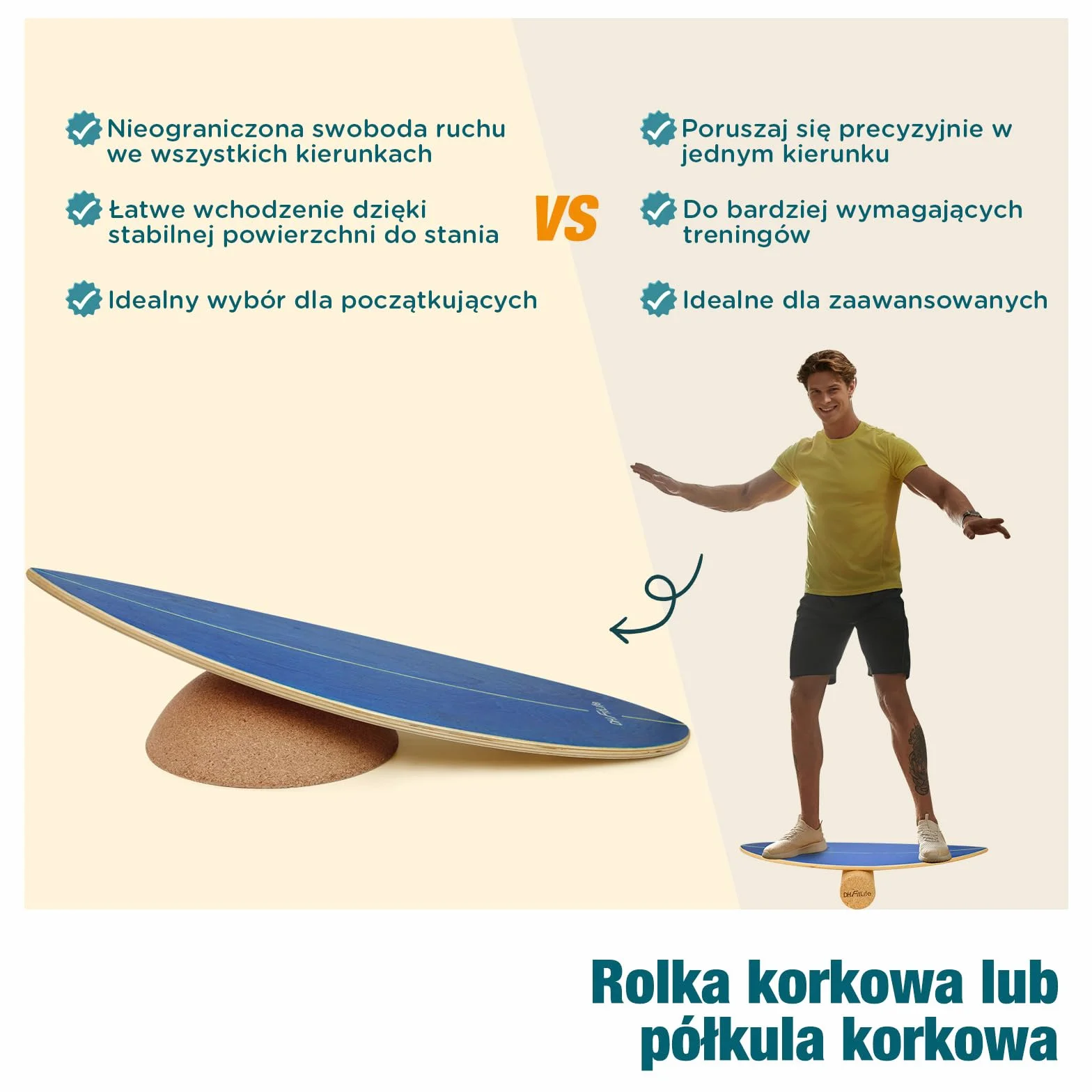DH FitLife Półkula Korkowa do Deski do Balansowania dla Dorosłych | 30 x 10 cm | 360° Half Balance Ball | Pasuje do Wszystkich Desek do Surfowania | 100% Naturalny Korek i Antypoślizgowa