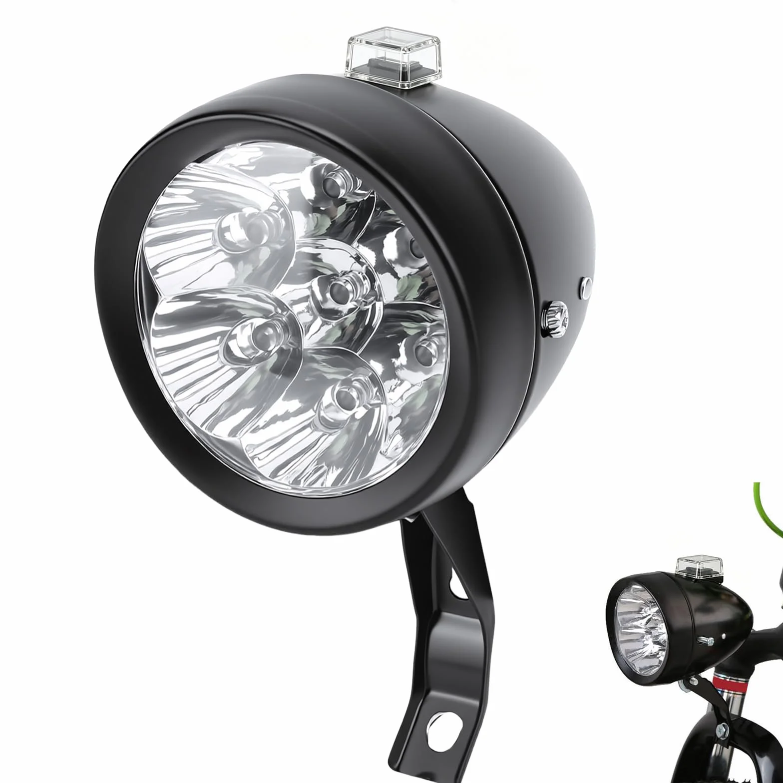 Przednia Lampka Rowerowa w Stylu Retro, Zabytkowy Reflektor Rowerowy z 6 żarówkami LED, Konstrukcja Odporna na Deszcz, Kąt Widoczności 160°, Tworzywo ABS, łatwy montaż, Idealny (Czarny)