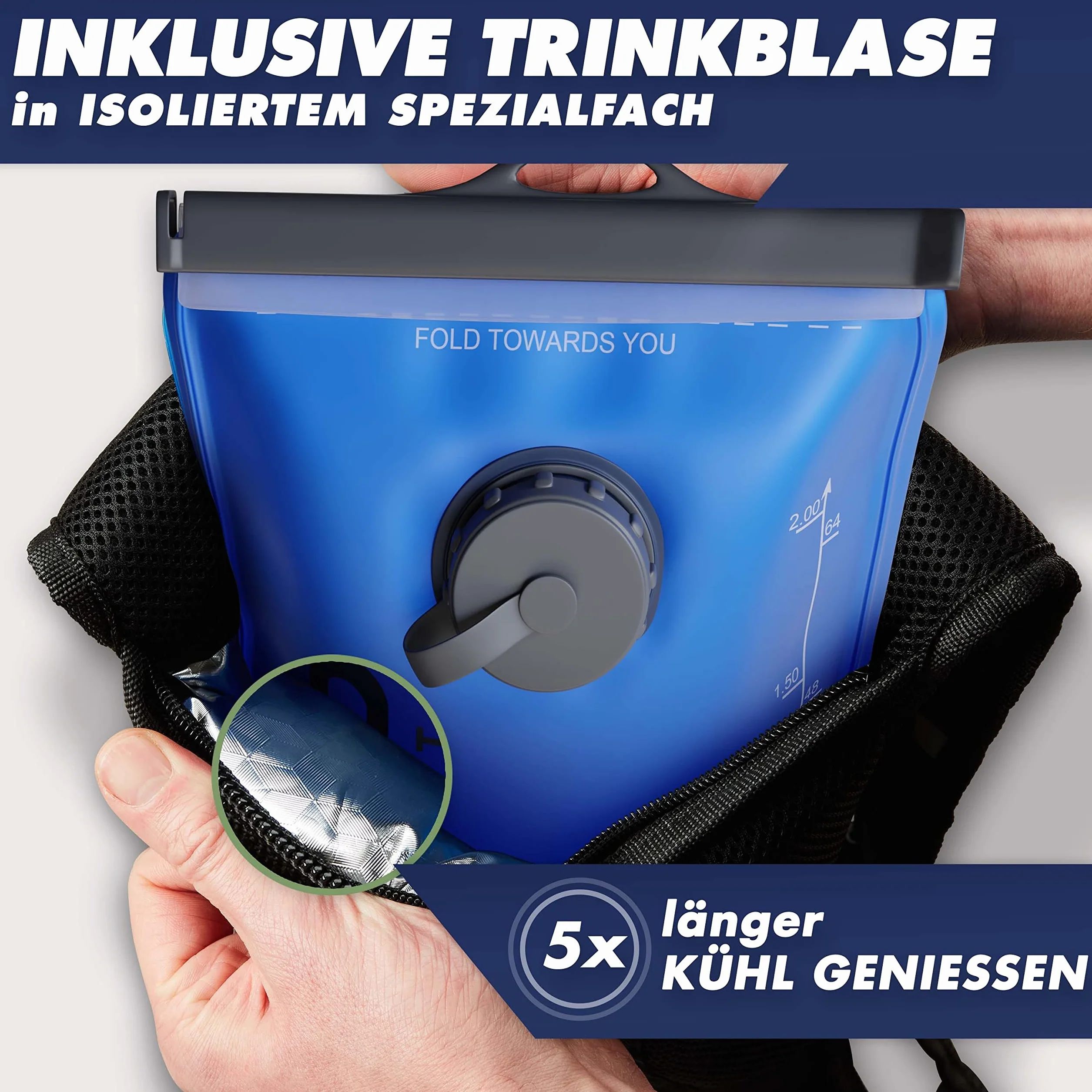 SASMO® bukłak do picia 2 l z torbą izolacyjną, wzmocniony materiał, odporny na rozdarcie, system do plecaka z wężem do picia, 100 cm długim – do wędrówek i sportów na świeżym