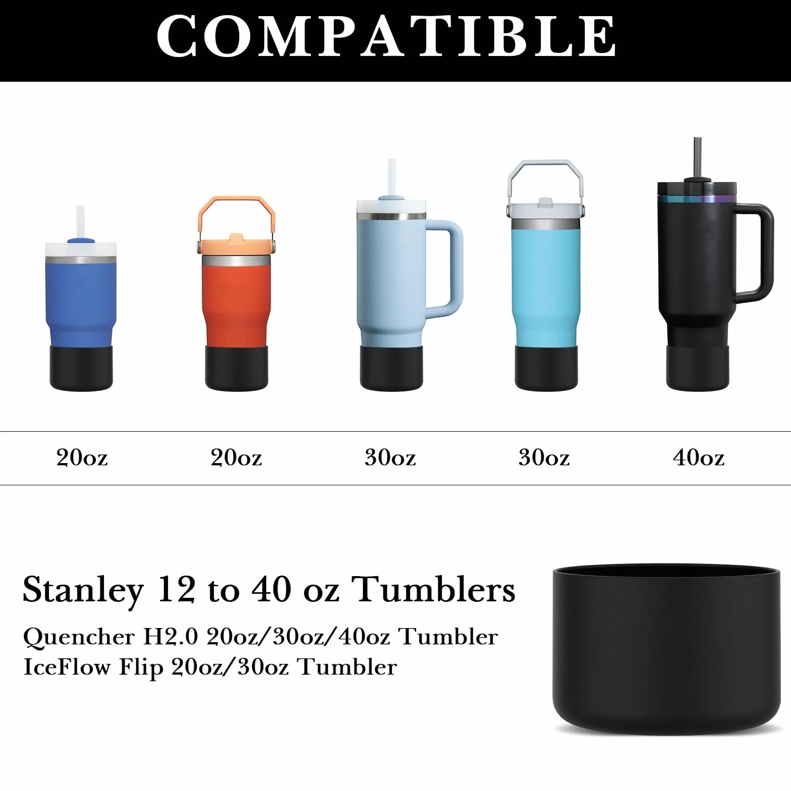 Linkidea 2-pak ochraniaczy na bidon kompatybilnych z kubkiem Stanley Quencher H2.0 20oz 30oz 40oz IceFlow Flip 20oz 30oz silikonowym pokrowcem na dno bidonu Czarny