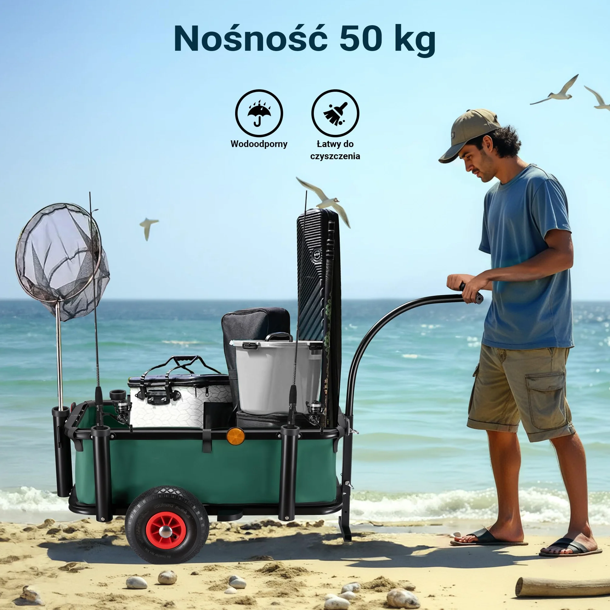 Wiltec Przyczepka rowerowa do 50 kg, z chorągiewką i 60 l koszem wodoodpornym 81 x 31 x 24 cm, wózek wędkarski transportowy do roweru