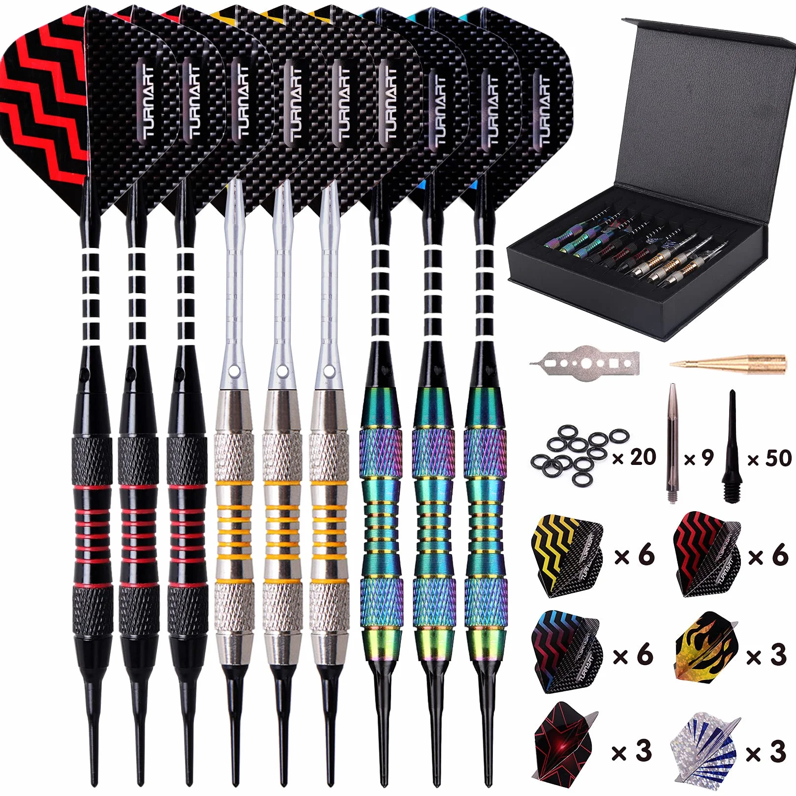 Rzutki do darta z końcówką z tworzywa sztucznego, 9 sztuk, 18 g, z 50 dodatkowymi końcówkami, 20 gumowych pierścieni, 27 lotek, 9 fal PC, zestaw narzędzi do elektronicznej tarczy do darta