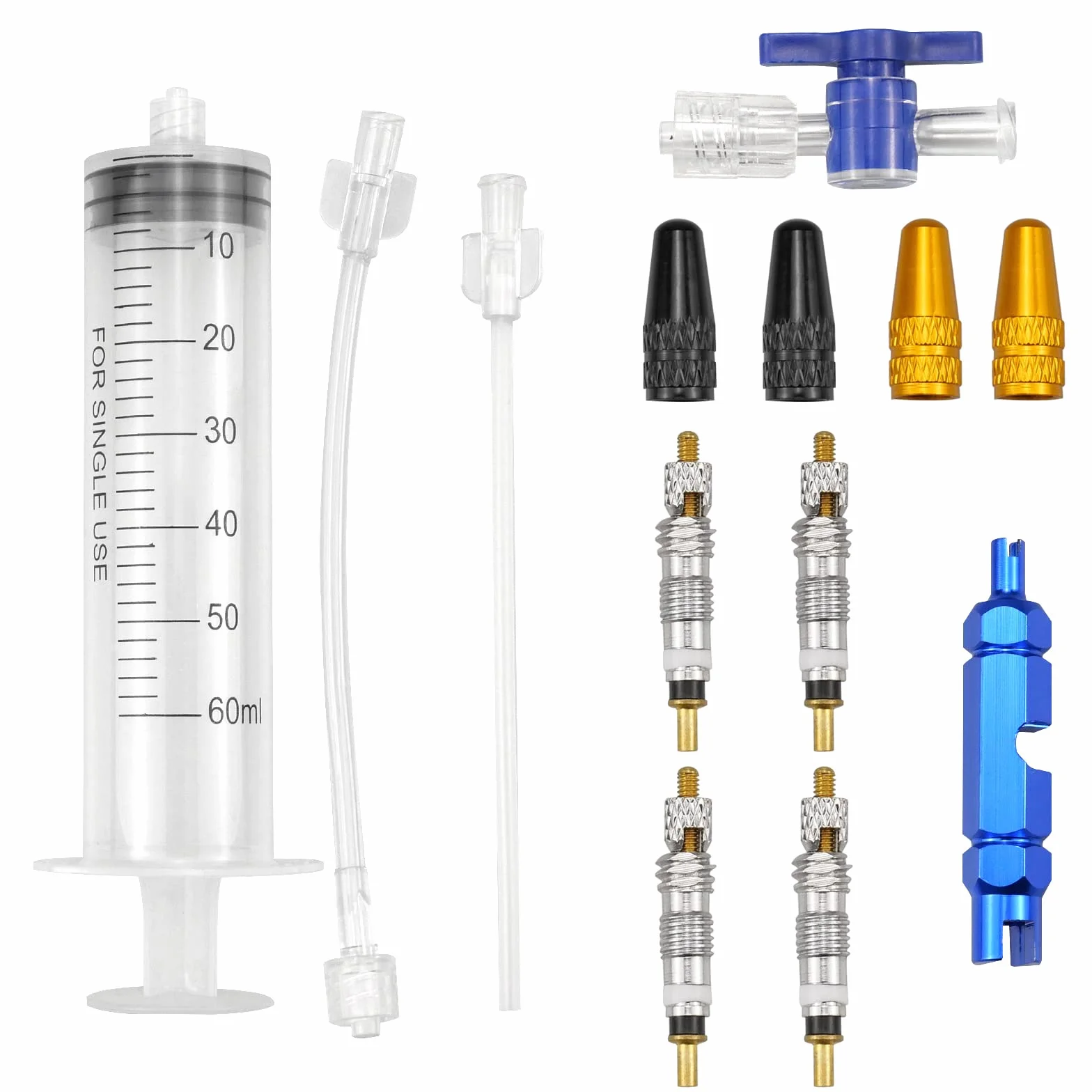 Zestaw strzykawek rowerowych, 60 ml, narzędzie do usuwania rdzenia zaworu francuskiego, narzędzie do usuwania rdzenia zaworu, bezdętkowe wtryskiwacz do opon z narzędziem do usuwania rdzenia