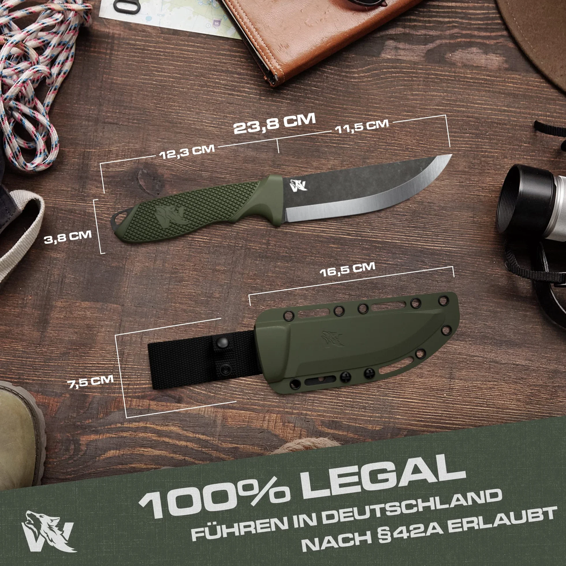 Wolfgangs W-SCANDI Angelmesser mit feststehender Klinge - Inkl. Scheide - Premium Survival-Messer aus einem Stück D2-Stahl - Perfektes Bushcraft-Messer Outdoor