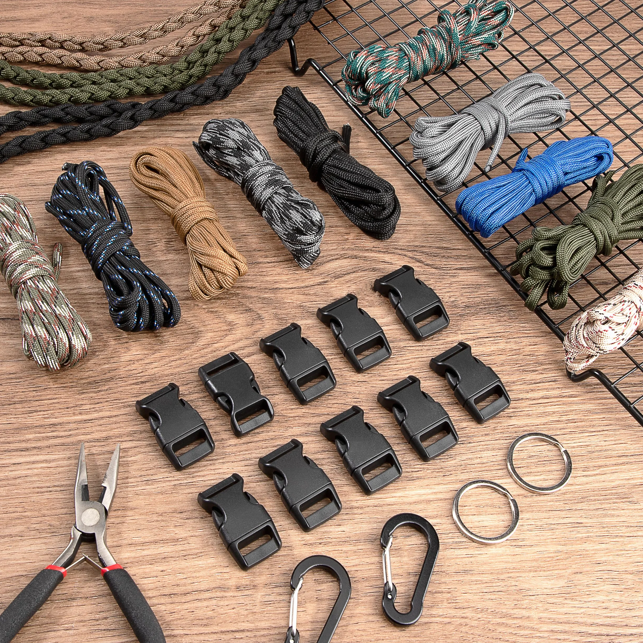 Zestaw Paracord, linka paracord, linka survivalowa typu "zrób to sam", linka spadochronowa, zestaw do rękodzieła z 10 klamrami odblokowującymi, 2 karabińczykami, 2 kółkami na klucze