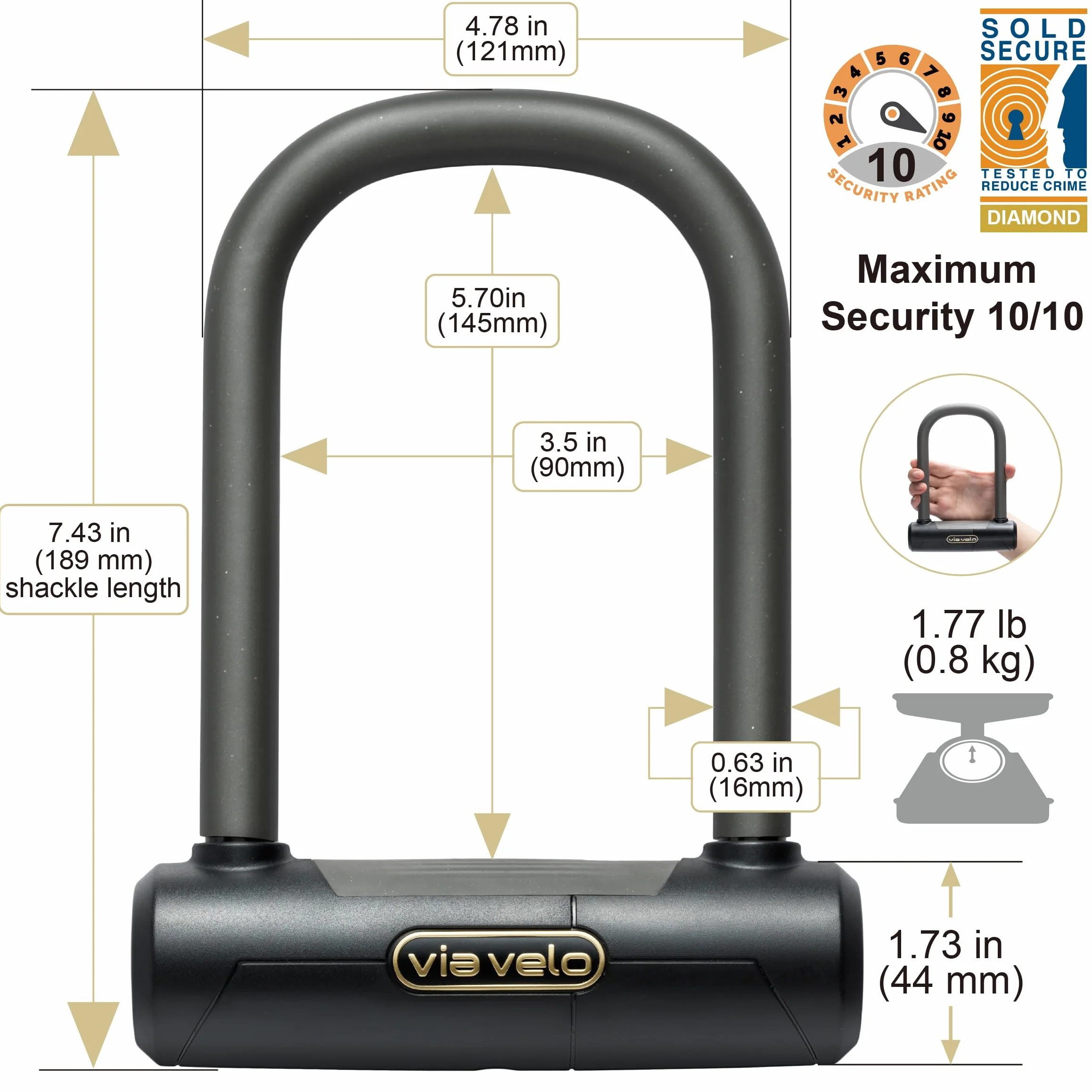 Via Velo U-lock dłuższy zamek U 27,9 cm 11 cali stal 20CrMnTi antykradzieżowy ze wspornikiem